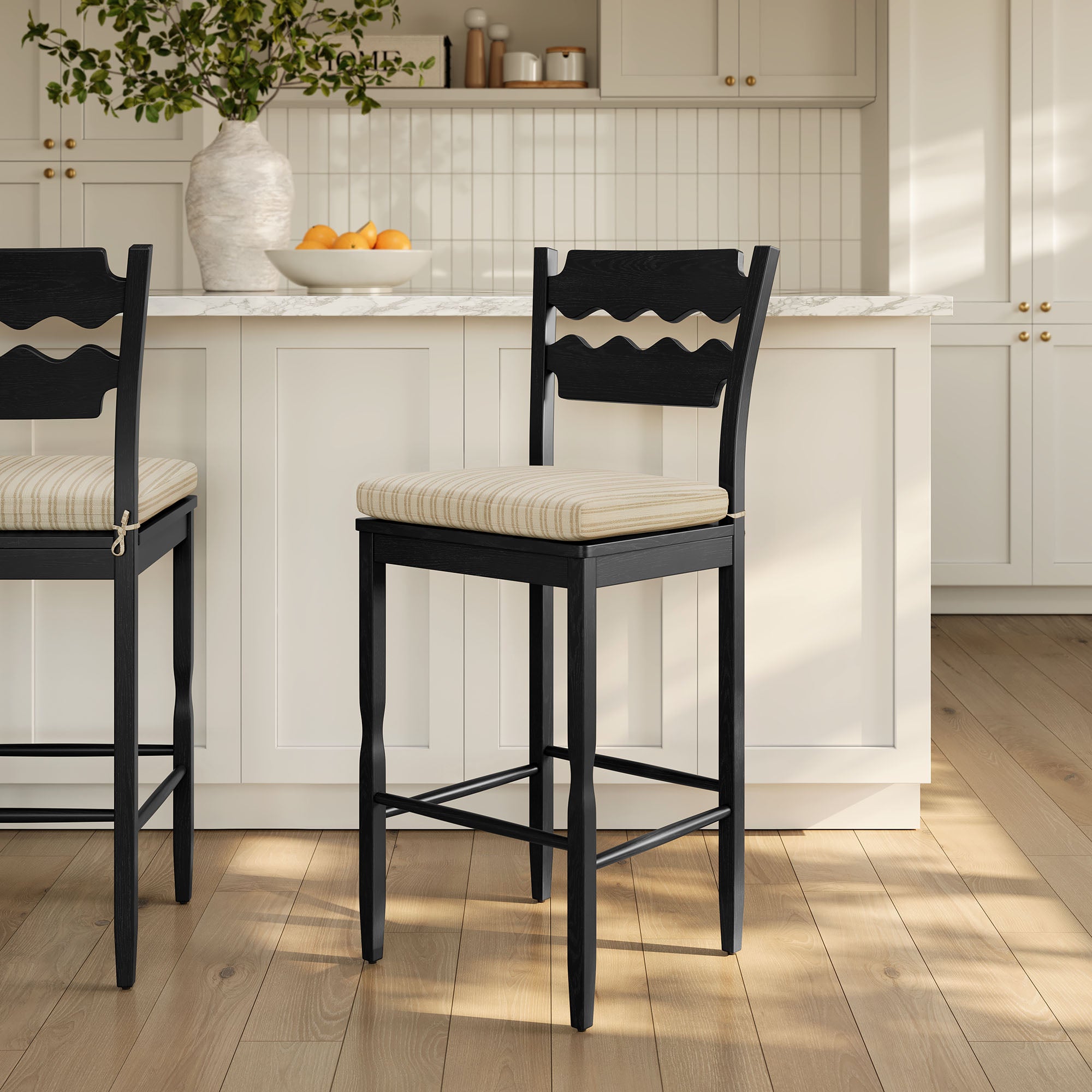 Modway Jax Oak Wood Bar Stool With Wavy Razor Back and Cushion