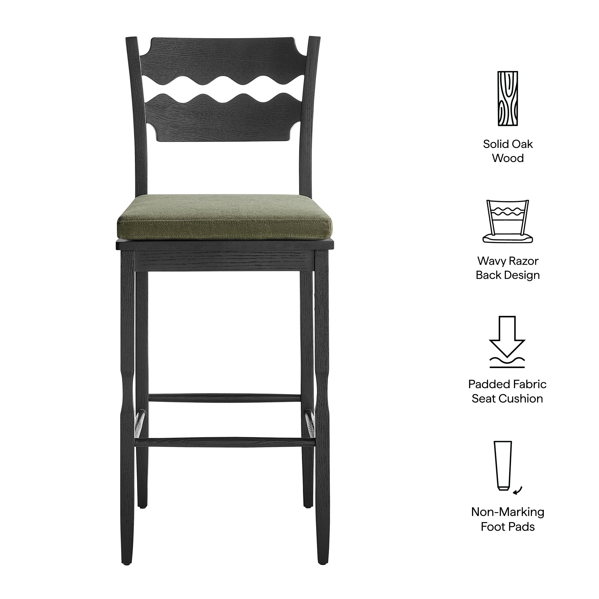 Modway Jax Oak Wood Bar Stool With Wavy Razor Back and Cushion