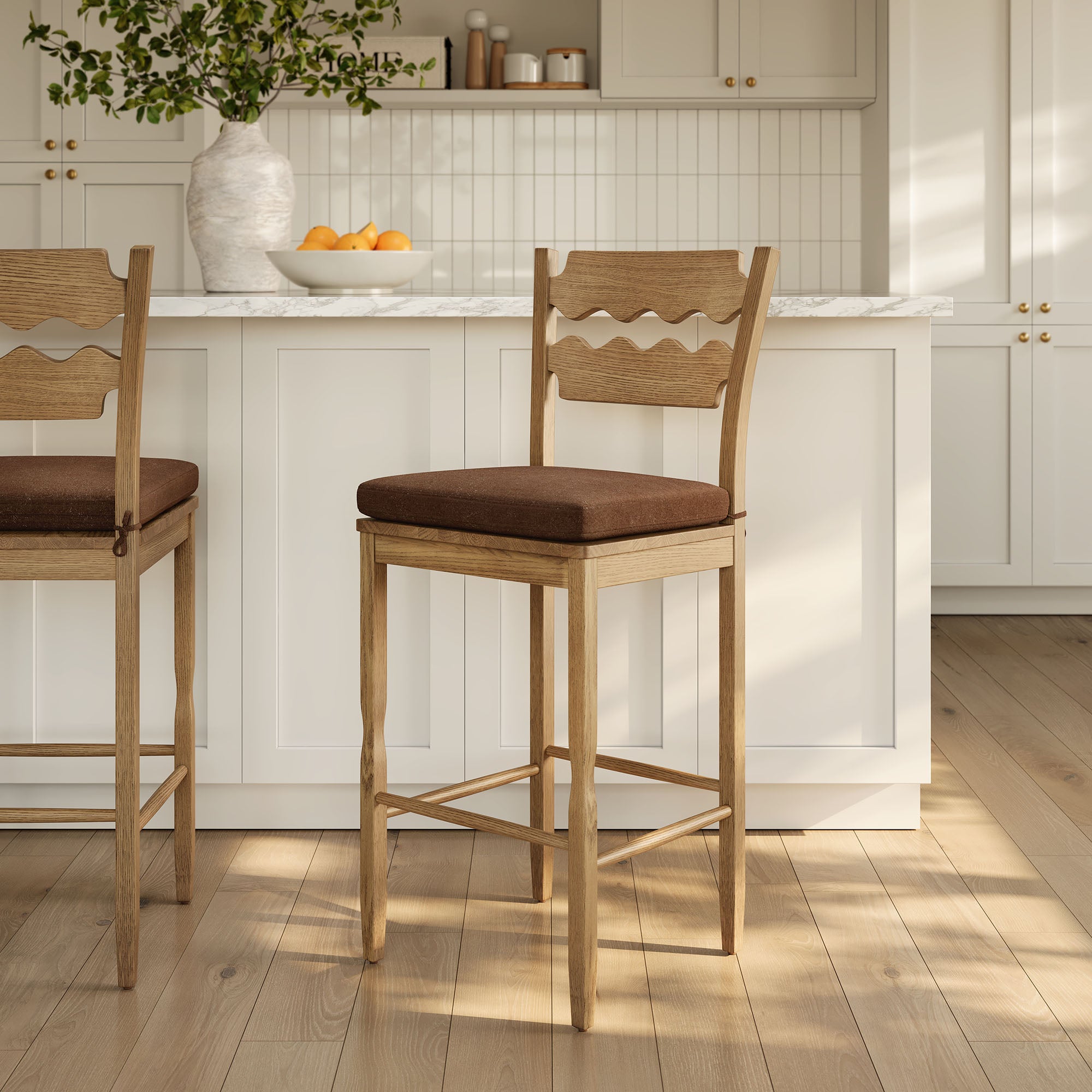Modway Jax Oak Wood Bar Stool With Wavy Razor Back and Cushion