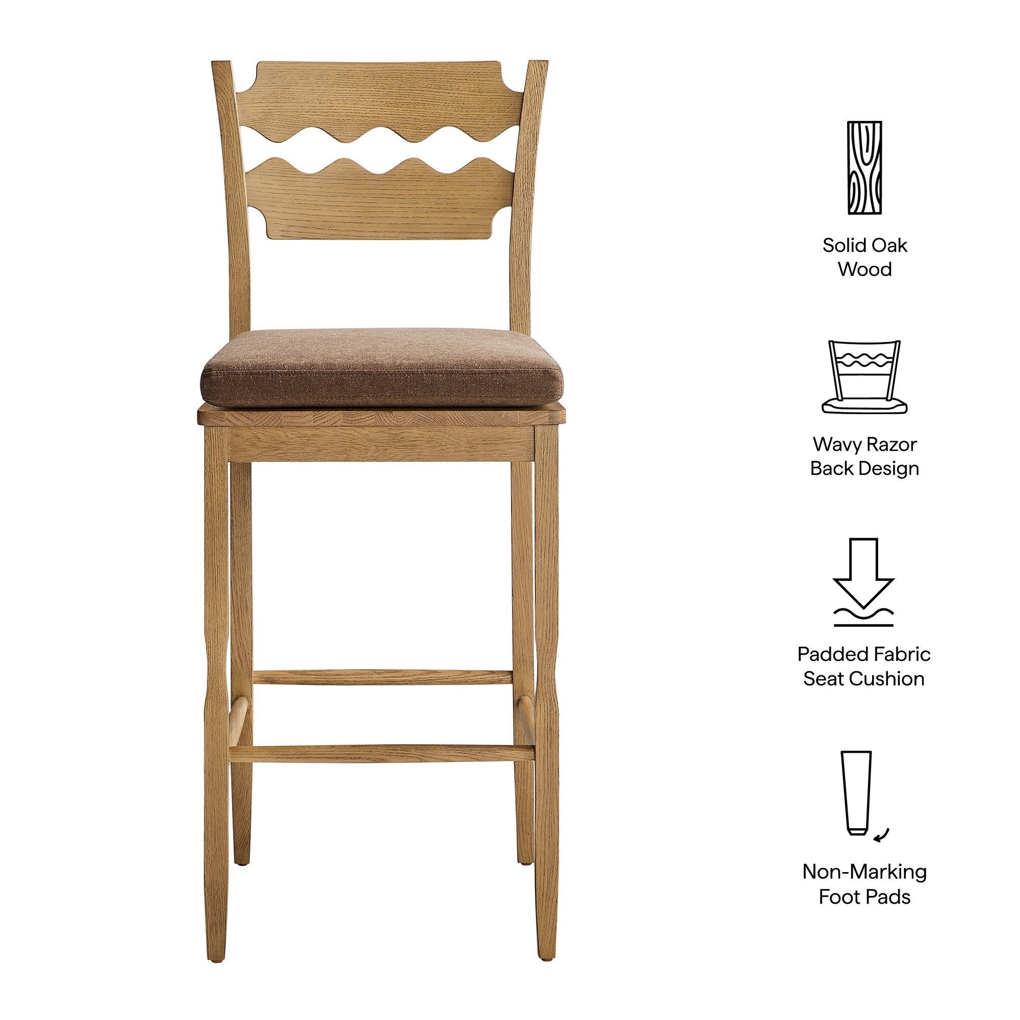 Modway EEI-7519 Jax Oak Wood Bar Stool With Wavy Razor Back and Cushion