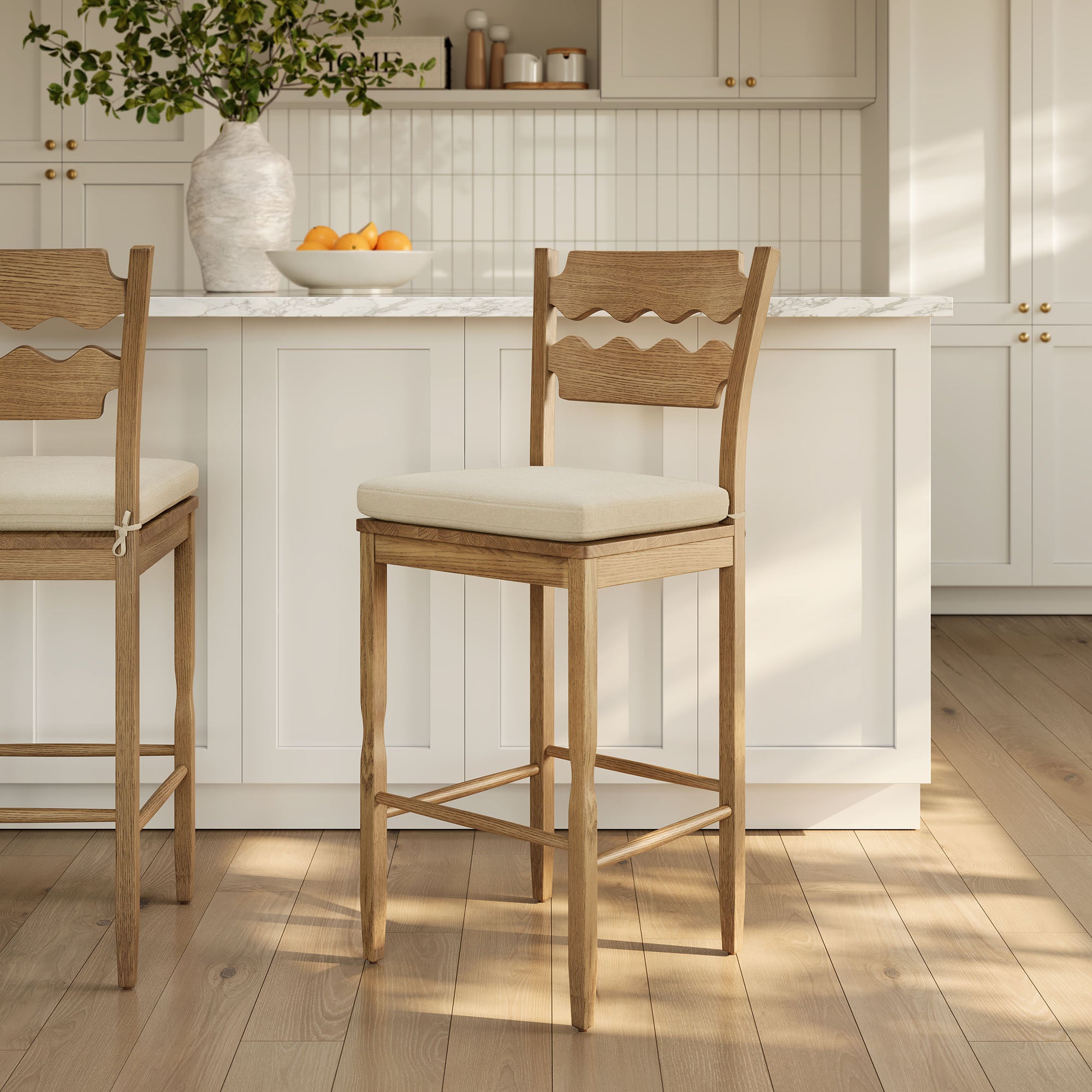 Modway Jax Oak Wood Bar Stool With Wavy Razor Back and Cushion