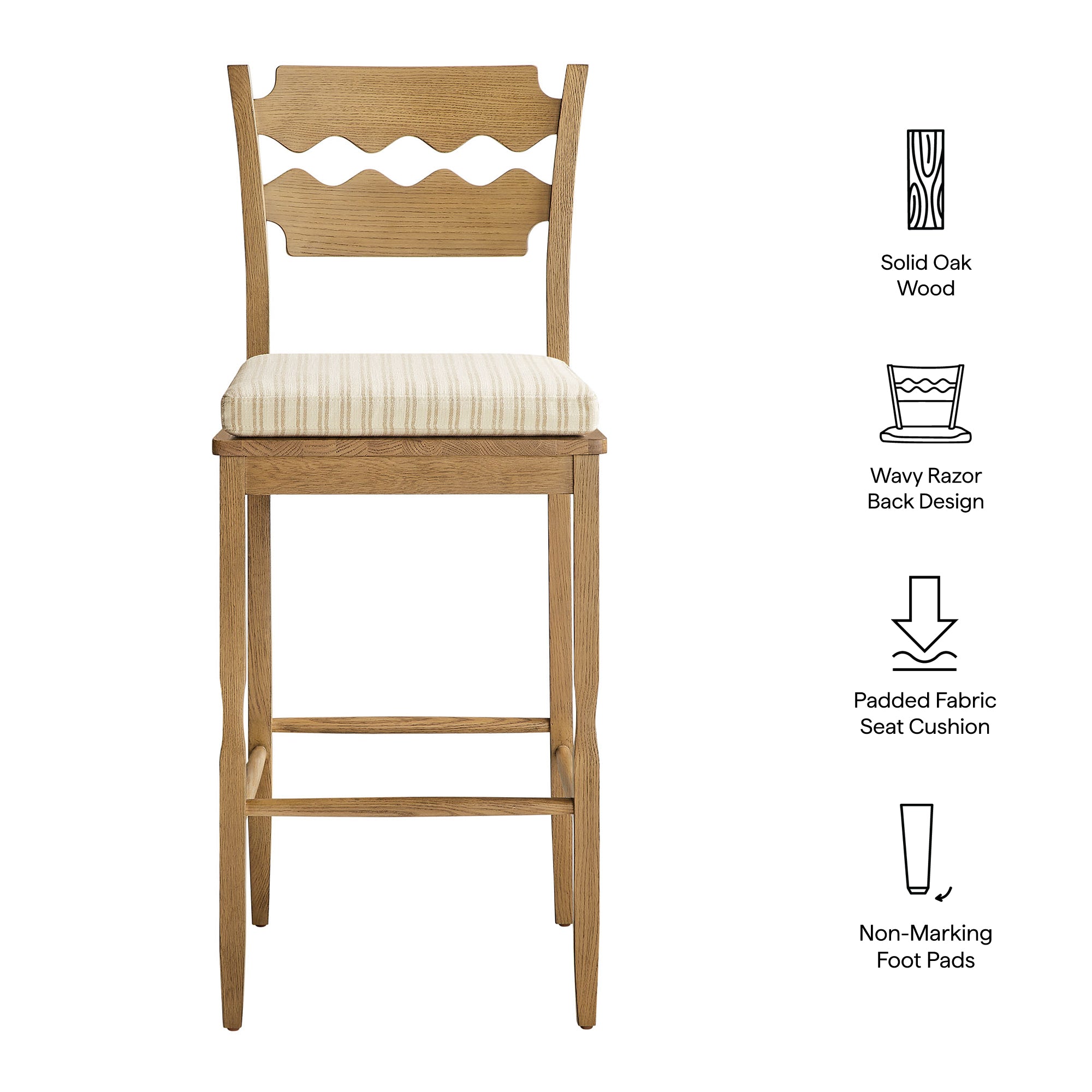Modway Jax Oak Wood Bar Stool With Wavy Razor Back and Cushion
