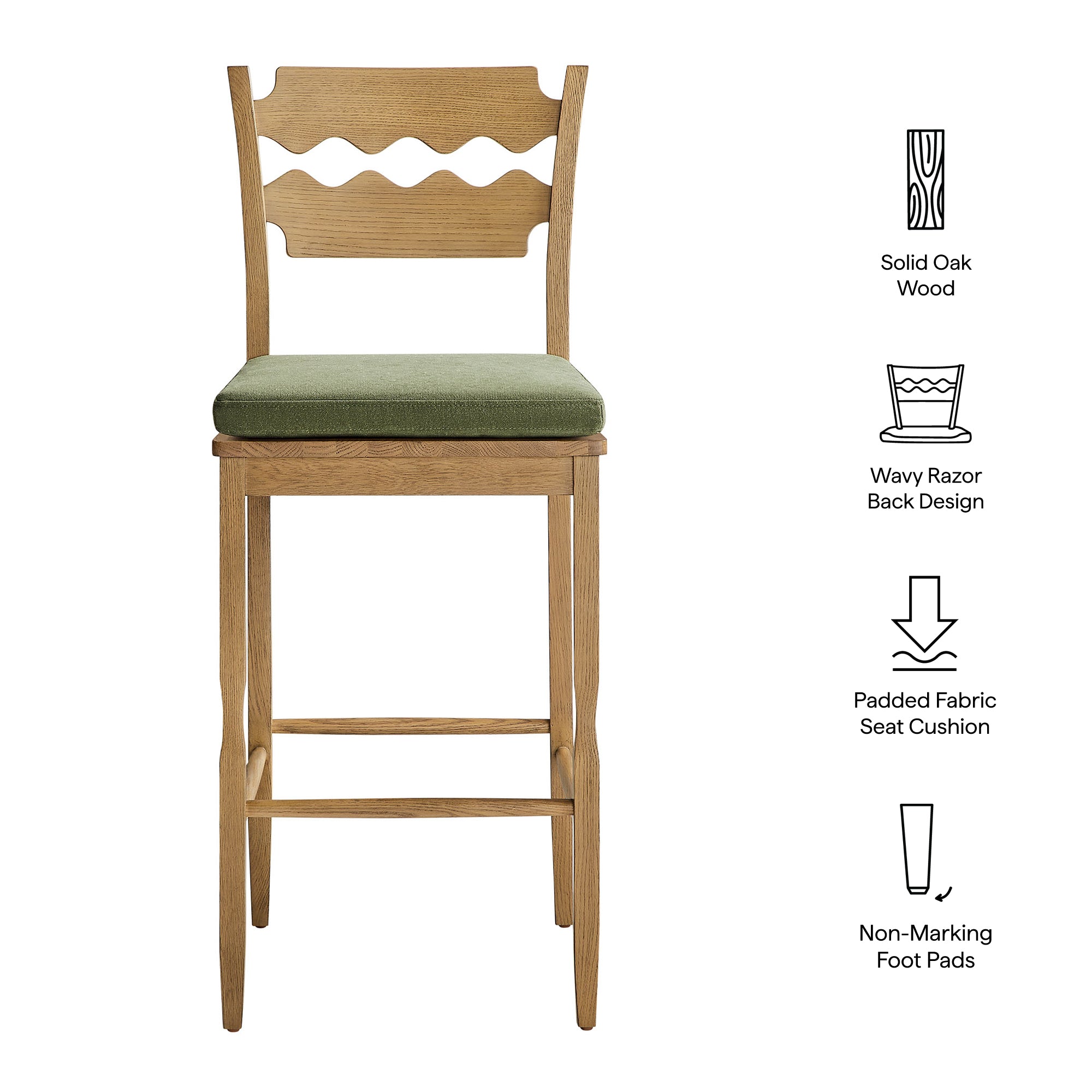 Modway EEI-7519 Jax Oak Wood Bar Stool With Wavy Razor Back and Cushion