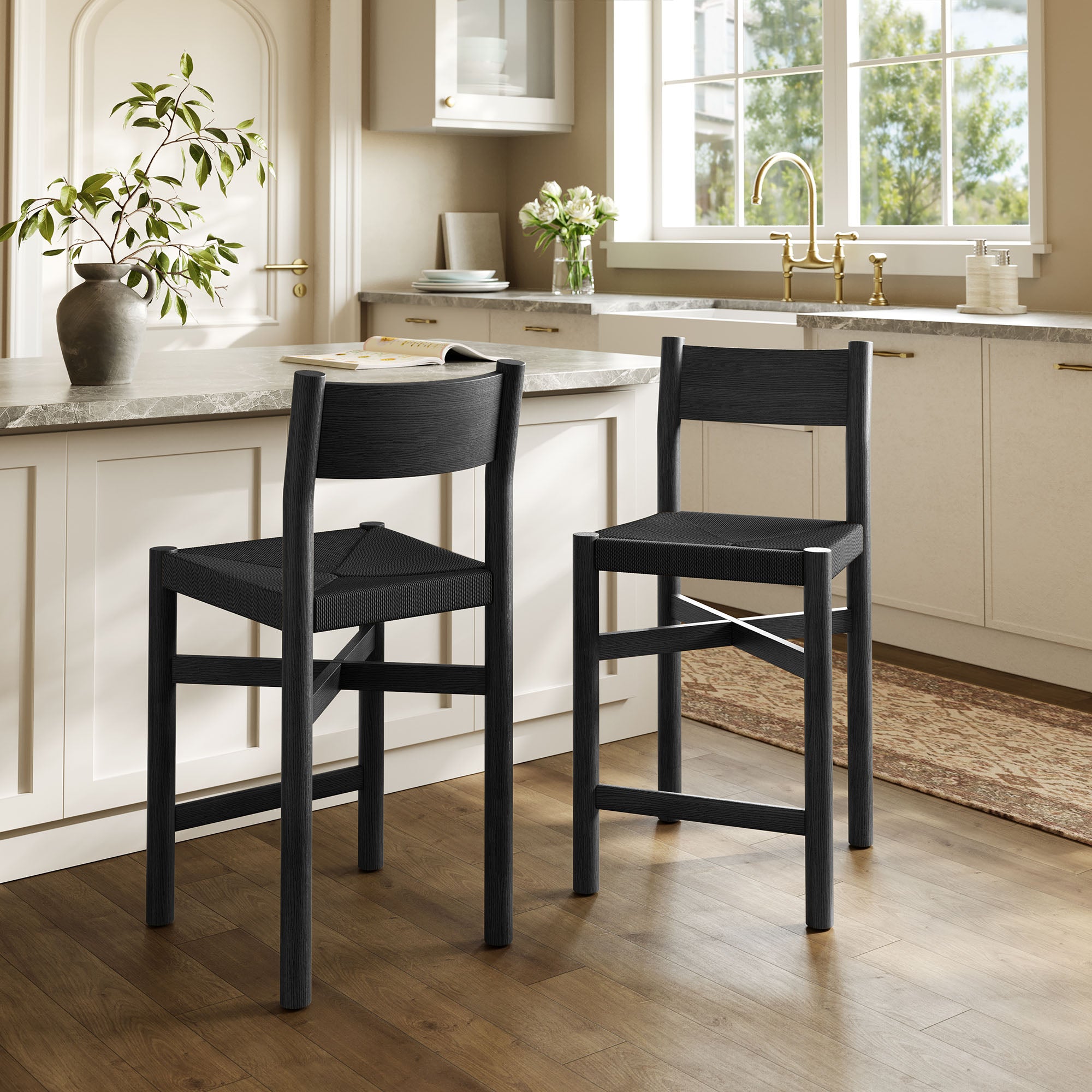 Modway Alvia Oak Wood Counter Stools With Woven Seats Set of 2 EEI-7543