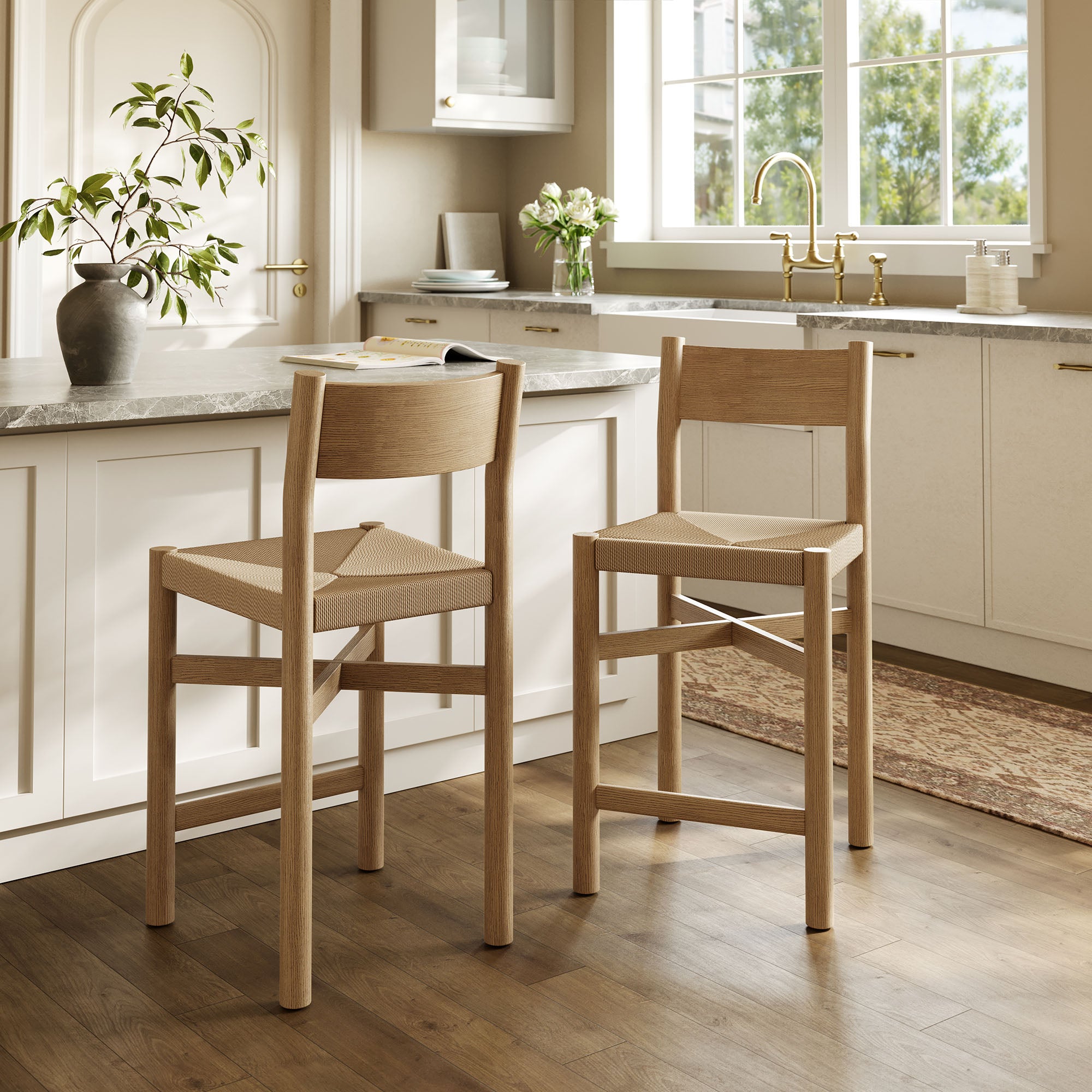 Modway Alvia Oak Wood Counter Stools With Woven Seats Set of 2 EEI-7543