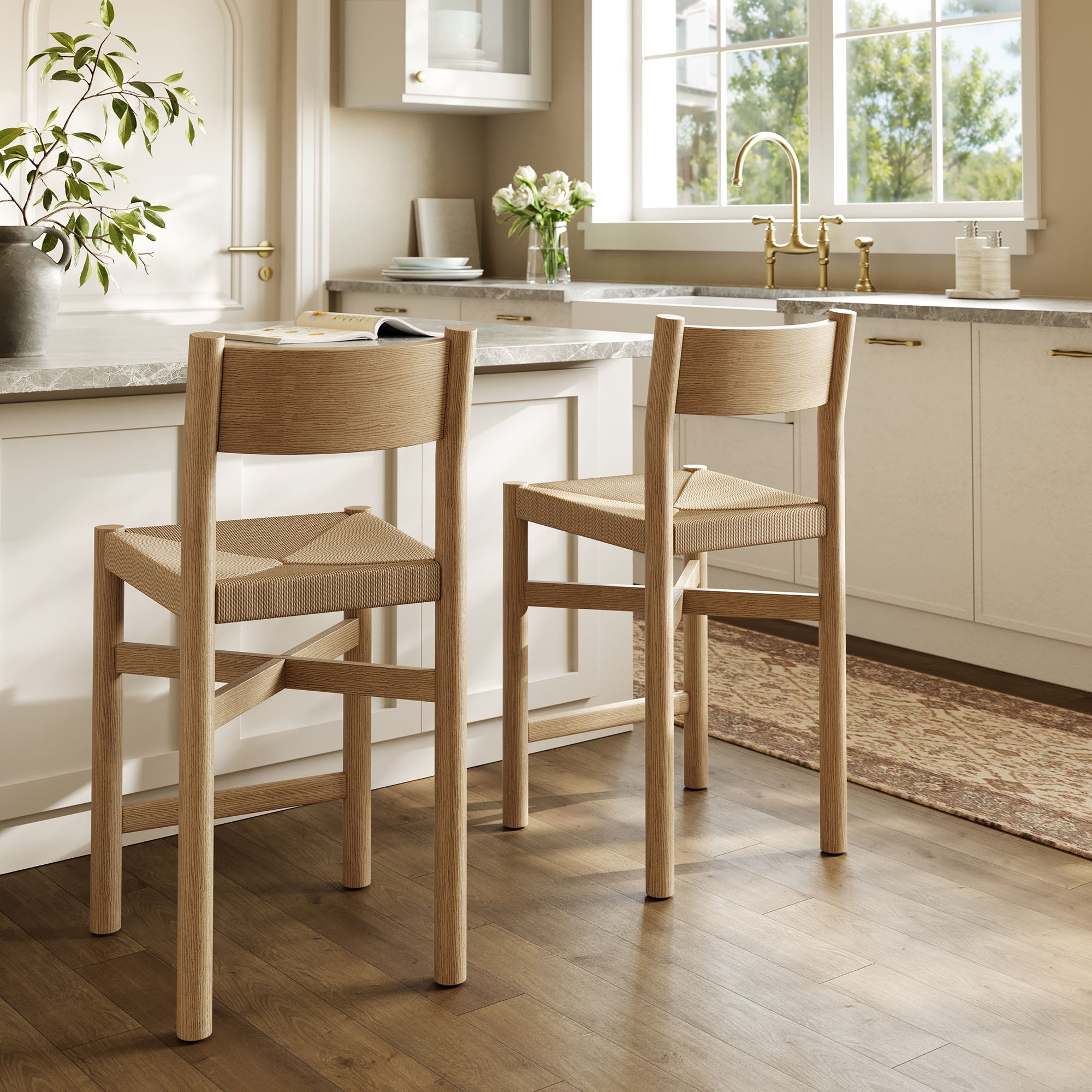 Modway Alvia Oak Wood Counter Stools With Woven Seats Set of 2 EEI-7543
