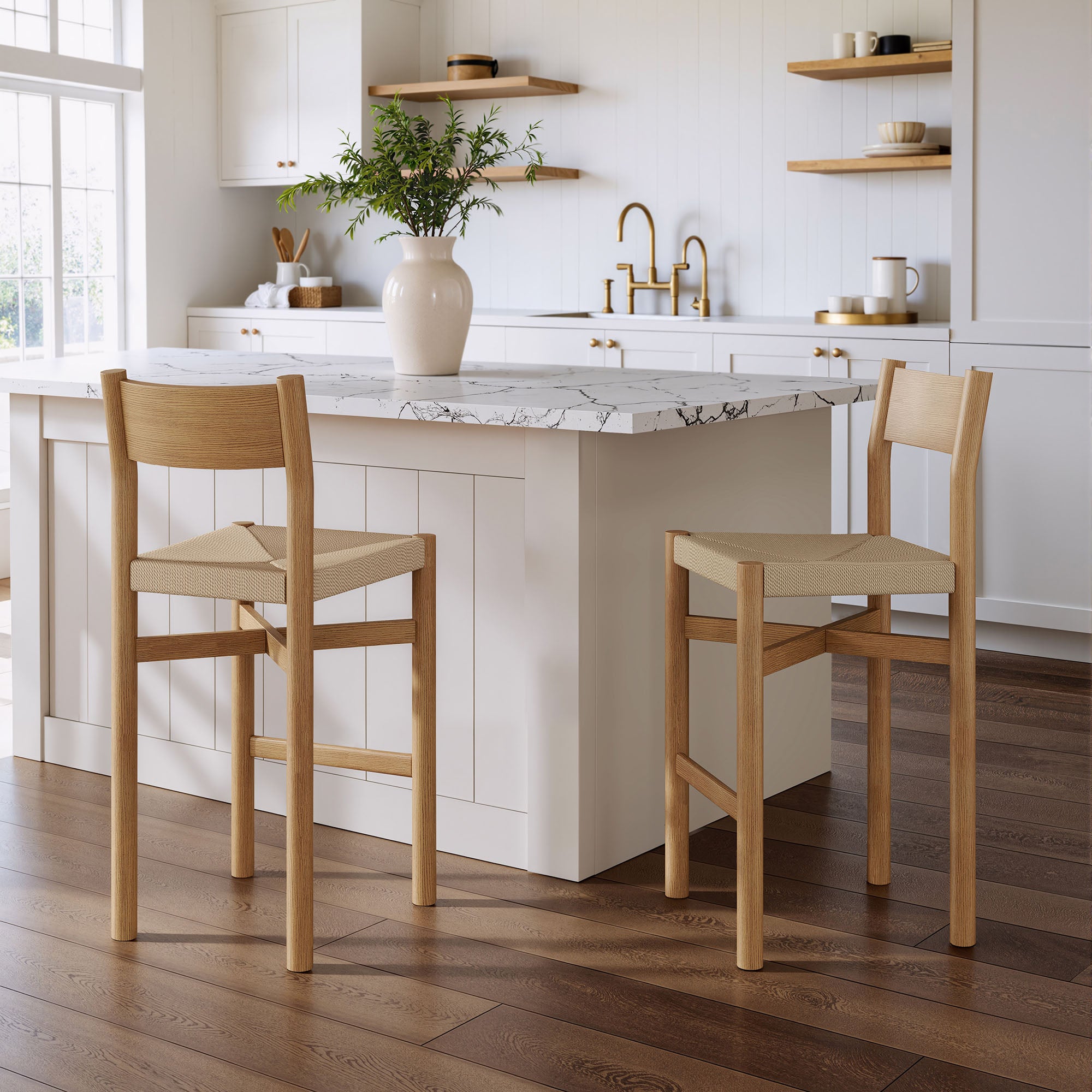 Modway Alvia Oak Wood Bar Stools With Woven Seats Set of 2 EEI-7544