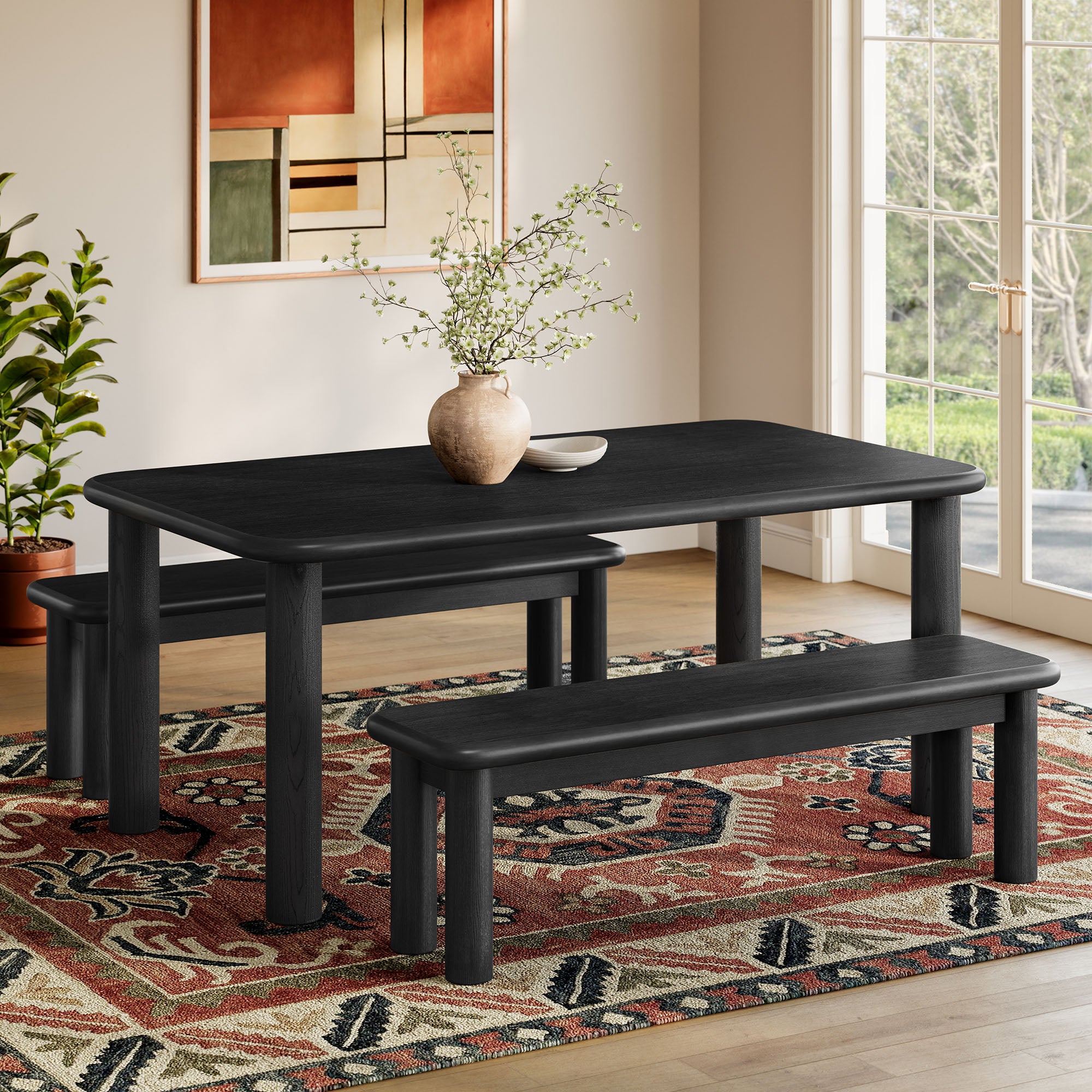 Modway Alvia 3-Piece Oak Wood Dining Table and Benches Set EEI-7553