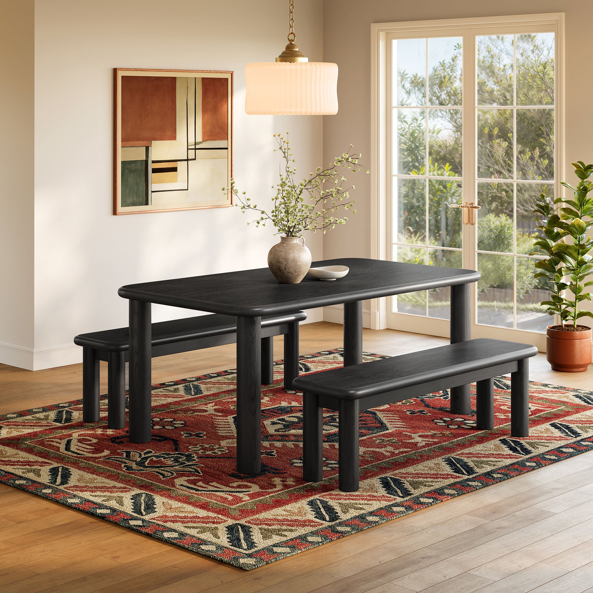 Modway Alvia 3-Piece Oak Wood Dining Table and Benches Set EEI-7553