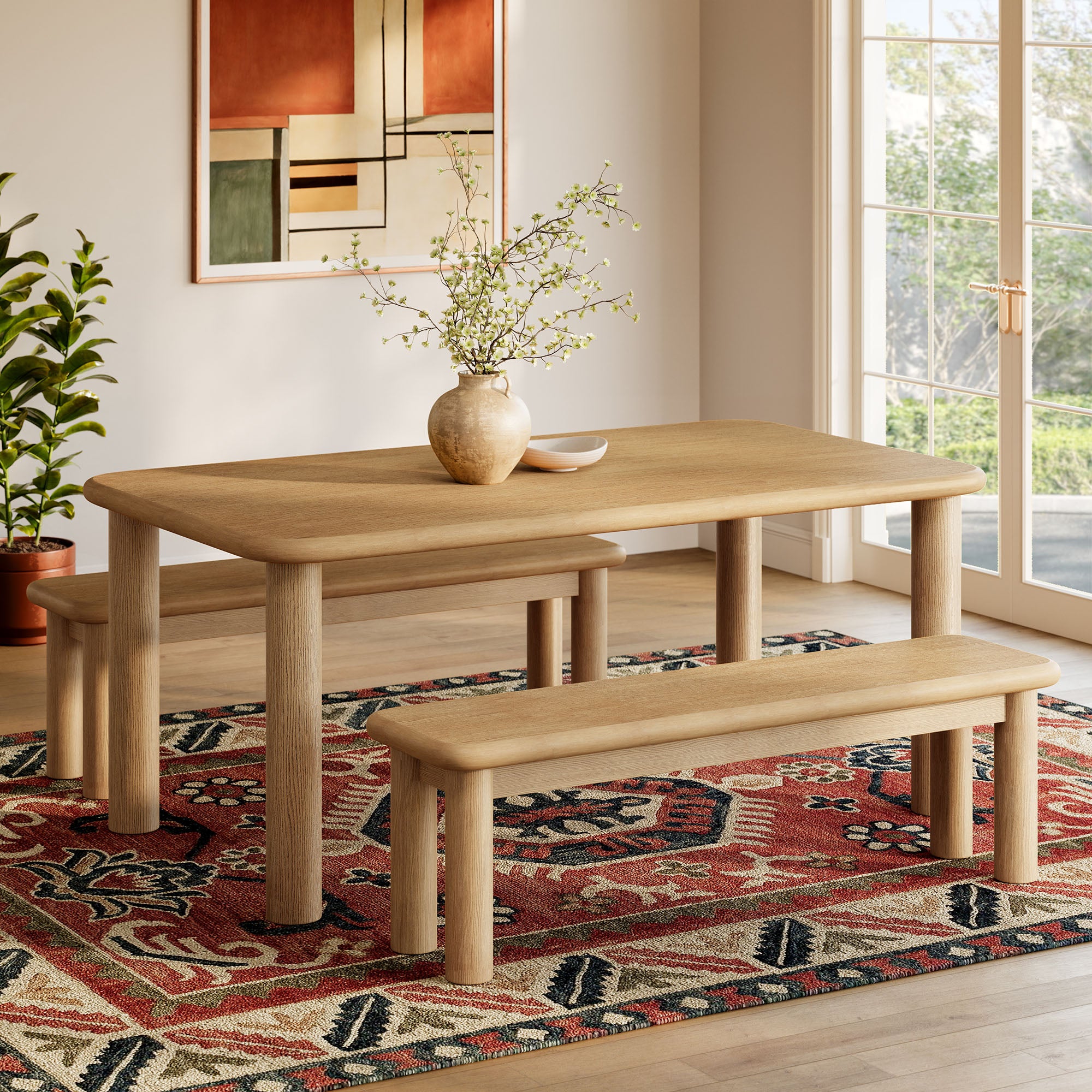 Modway Alvia 3-Piece Oak Wood Dining Table and Benches Set EEI-7553