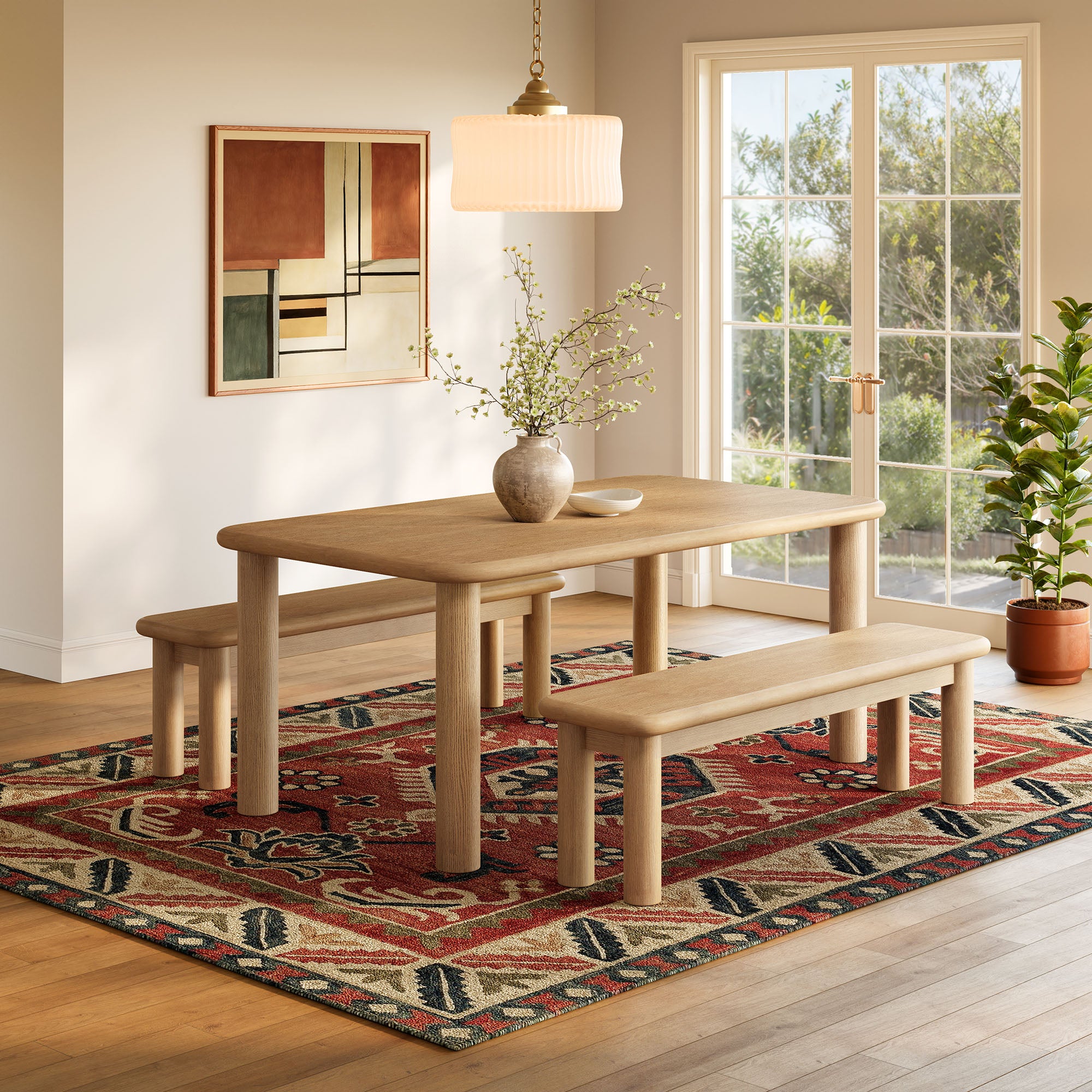 Modway Alvia 3-Piece Oak Wood Dining Table and Benches Set EEI-7553