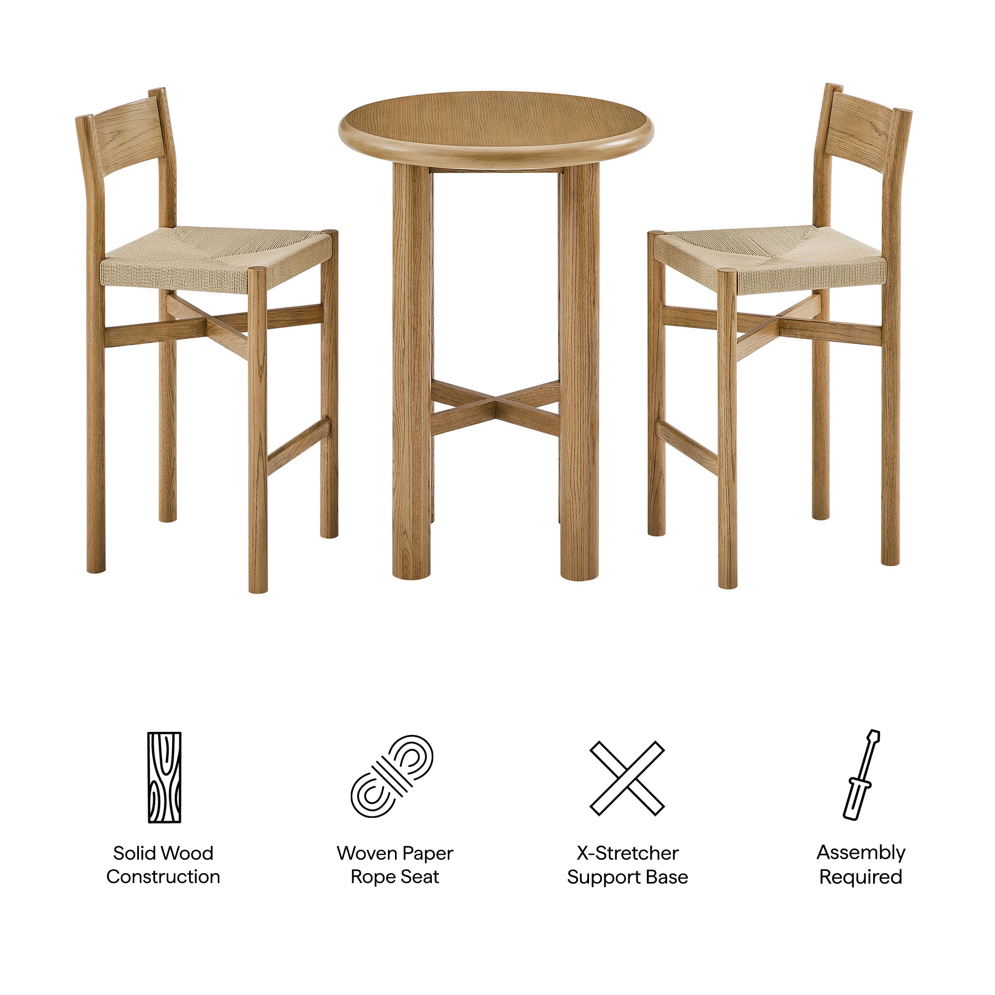 Modway Alvia 3-Piece Round Oak Wood Bar Table With Bar Stools Set EEI-7556