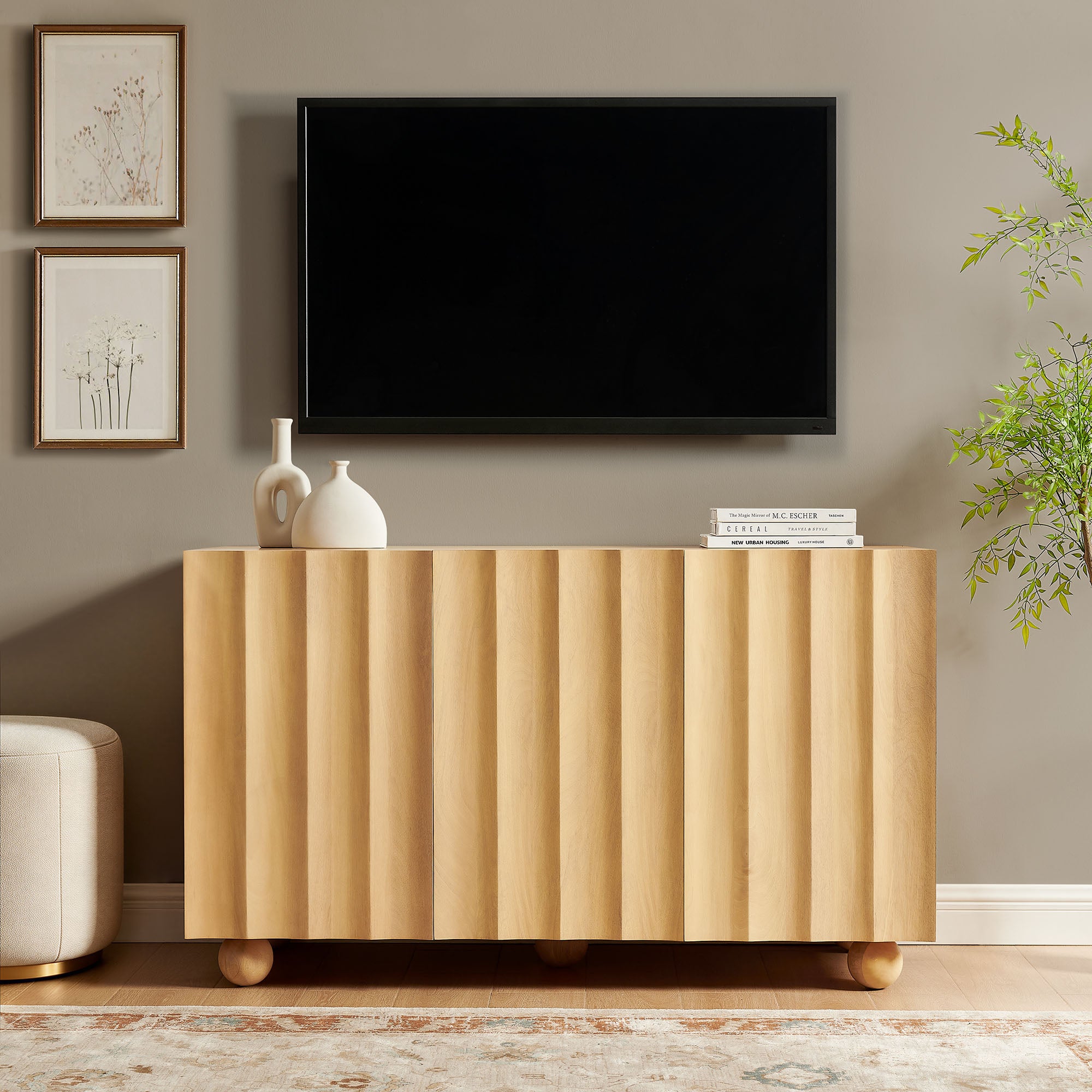 Modway EEI-7605 Sorren 54 Inch Scalloped Wood 3-Door Sideboard