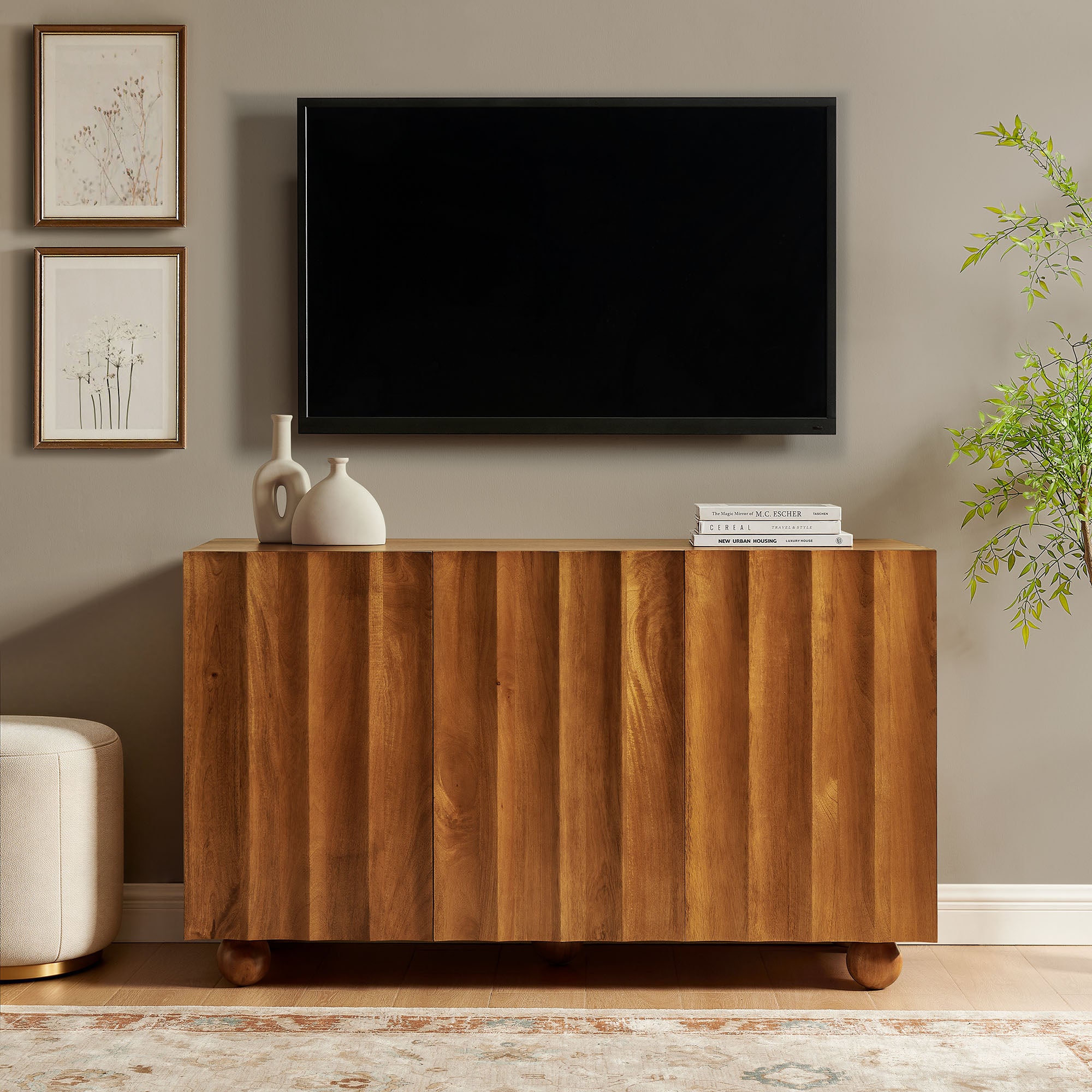 Modway EEI-7605 Sorren 54 Inch Scalloped Wood 3-Door Sideboard