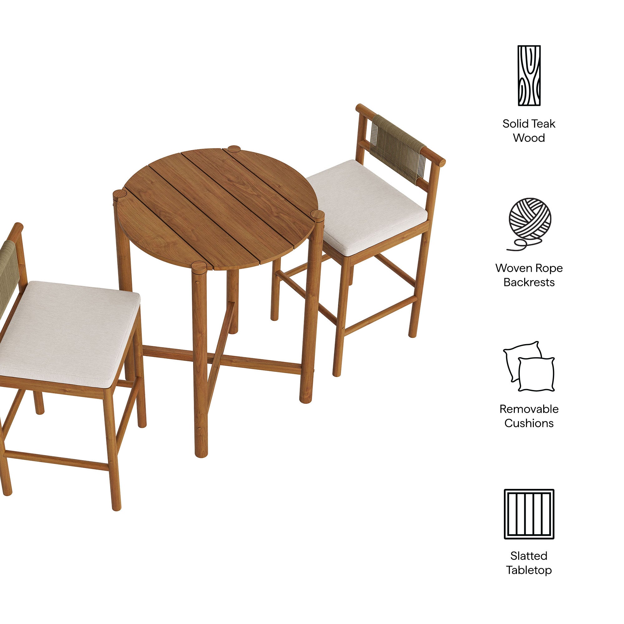 Modway EEI-7630 Eleni 3-Piece Outdoor Patio Teak Wood Bar Set
