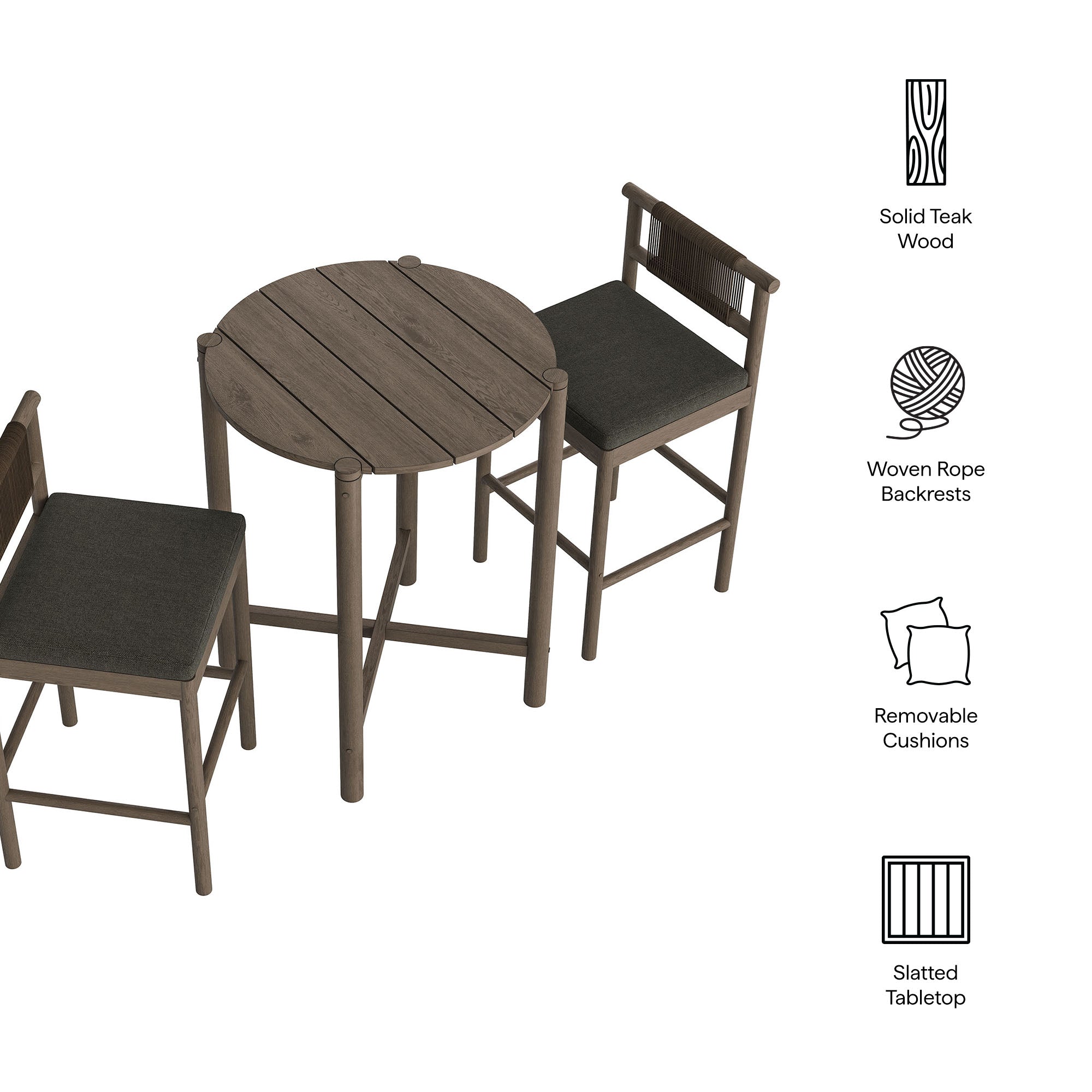 Modway EEI-7630 Eleni 3-Piece Outdoor Patio Teak Wood Bar Set