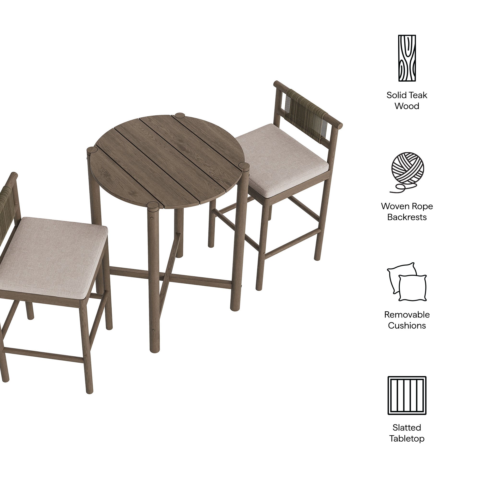 Modway EEI-7630 Eleni 3-Piece Outdoor Patio Teak Wood Bar Set