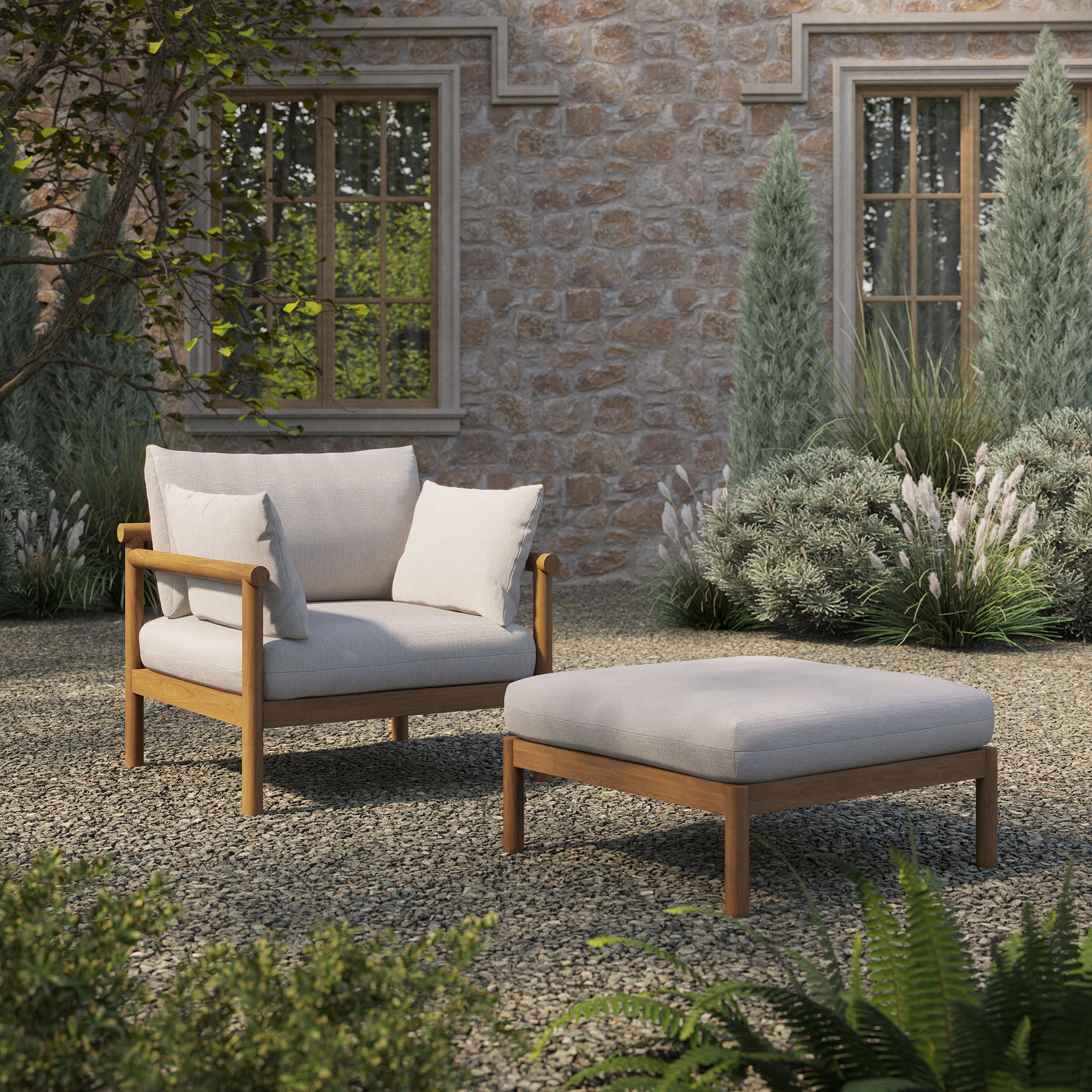 Modway Eleni 2-Piece Outdoor Patio Teak Wood Armchair and Ottoman Set EEI-7658