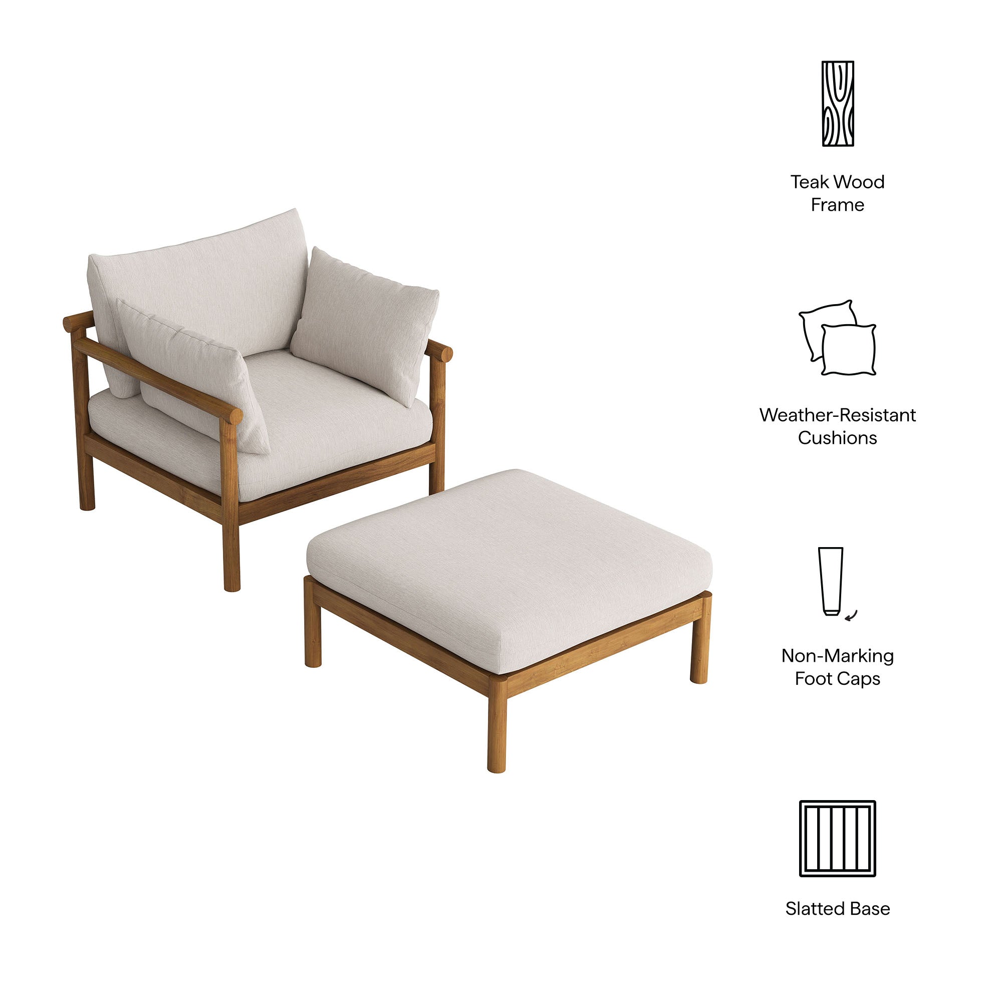 Modway Eleni 2-Piece Outdoor Patio Teak Wood Armchair and Ottoman Set EEI-7658