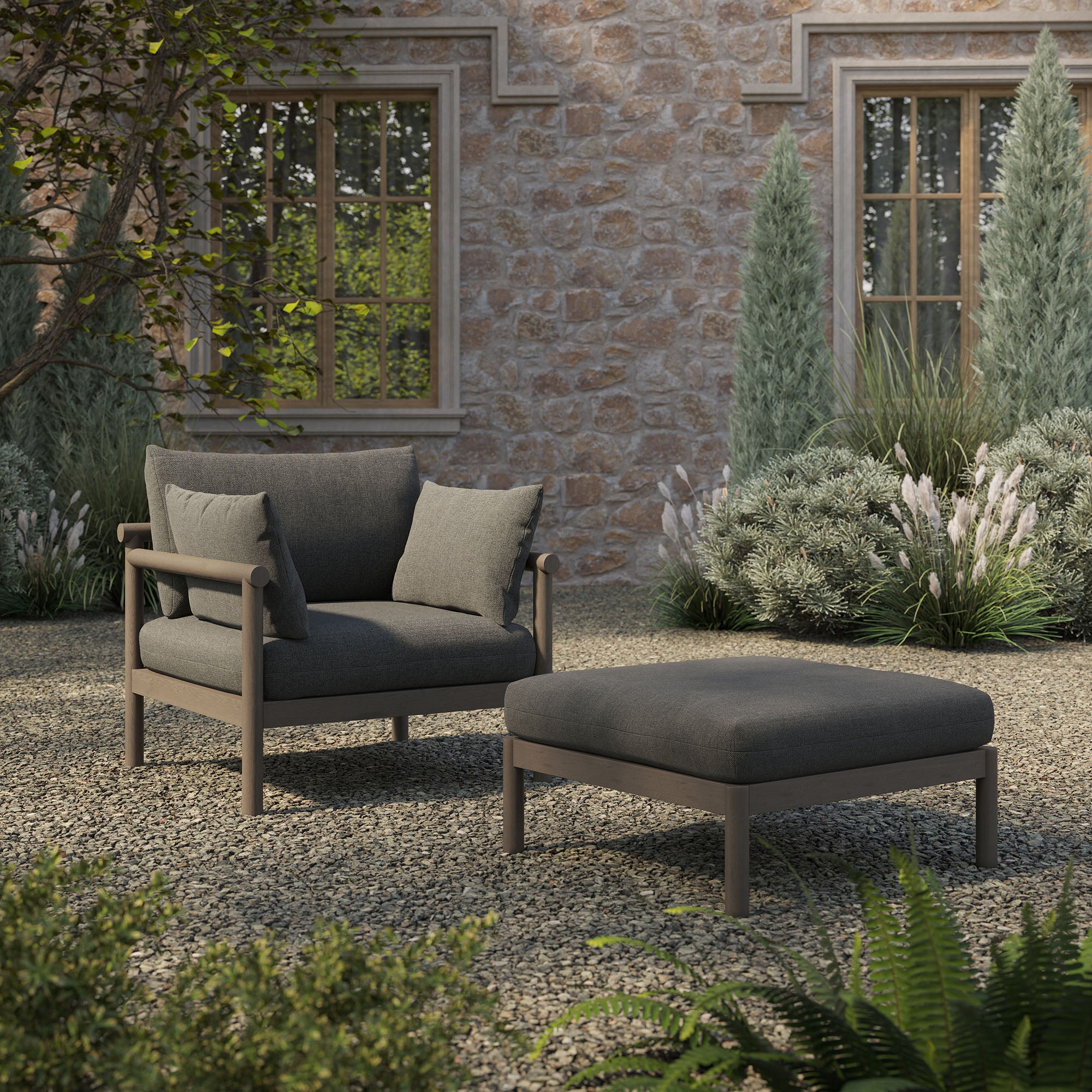 Modway Eleni 2-Piece Outdoor Patio Teak Wood Armchair and Ottoman Set EEI-7658