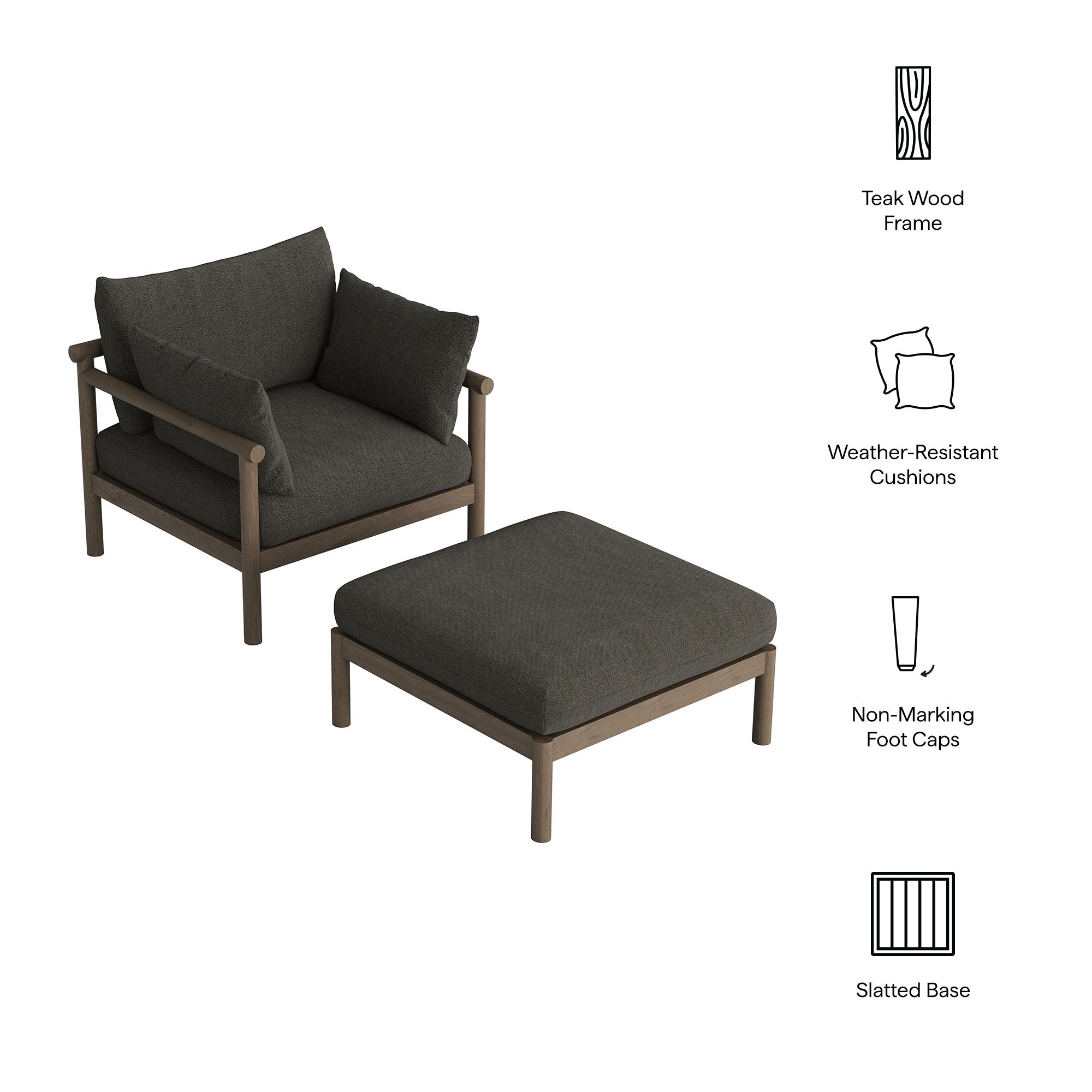 Modway Eleni 2-Piece Outdoor Patio Teak Wood Armchair and Ottoman Set EEI-7658