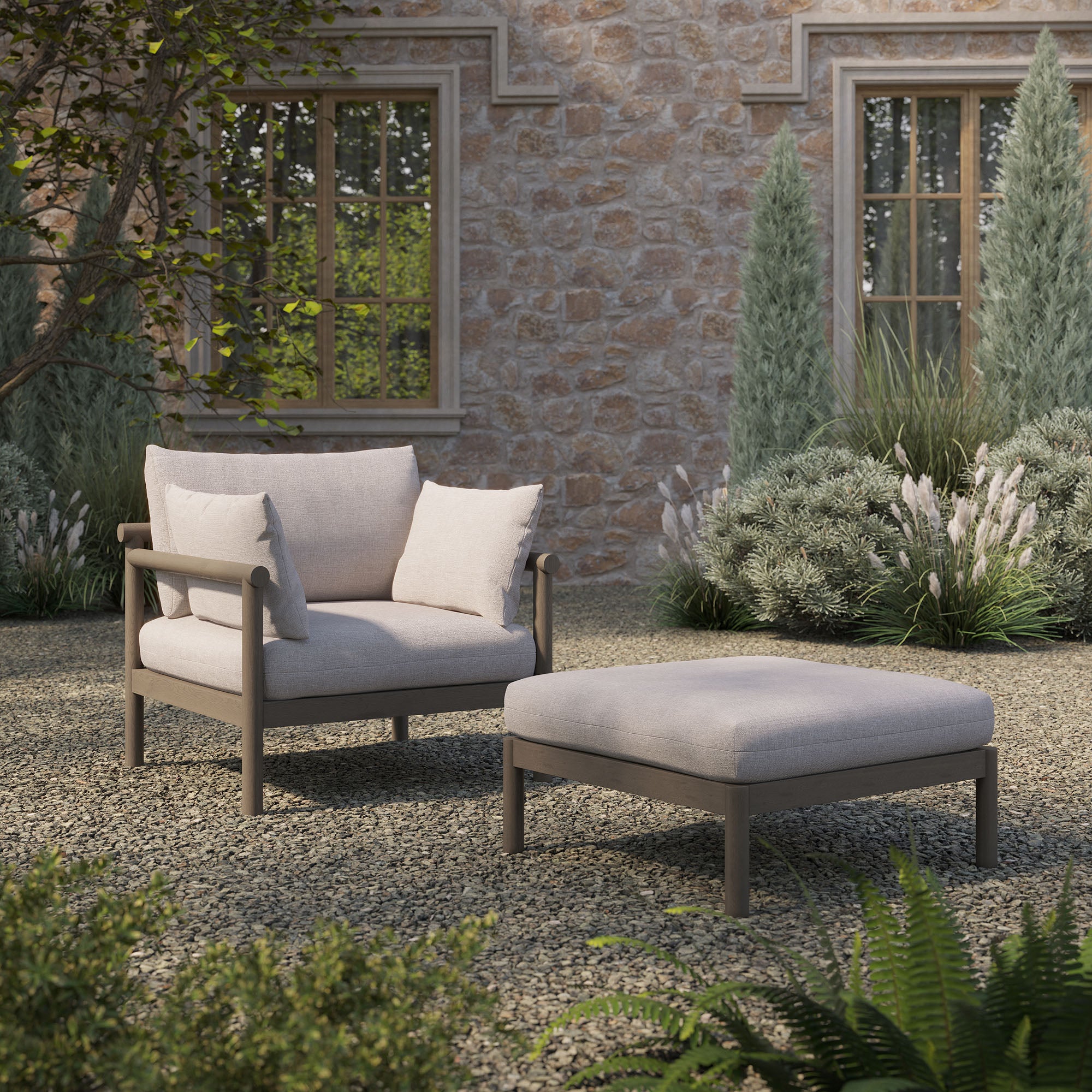Modway Eleni 2-Piece Outdoor Patio Teak Wood Armchair and Ottoman Set EEI-7658