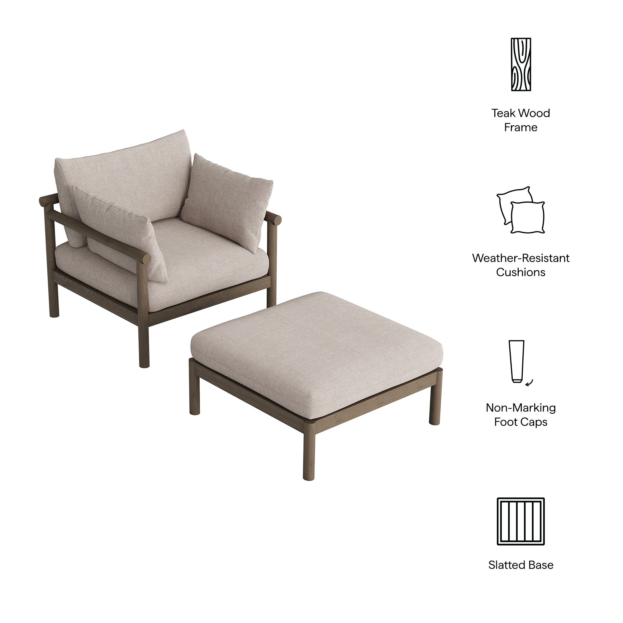 Modway Eleni 2-Piece Outdoor Patio Teak Wood Armchair and Ottoman Set EEI-7658