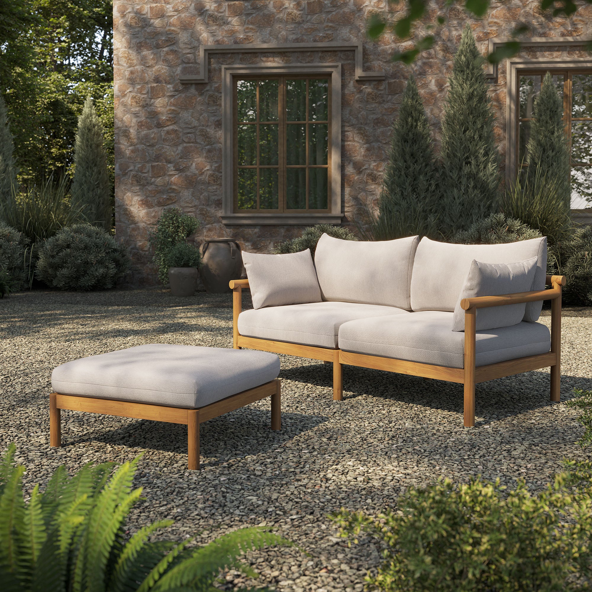 Modway Eleni 2-Piece Outdoor Patio Teak Wood Loveseat with Ottoman Set EEI-7662