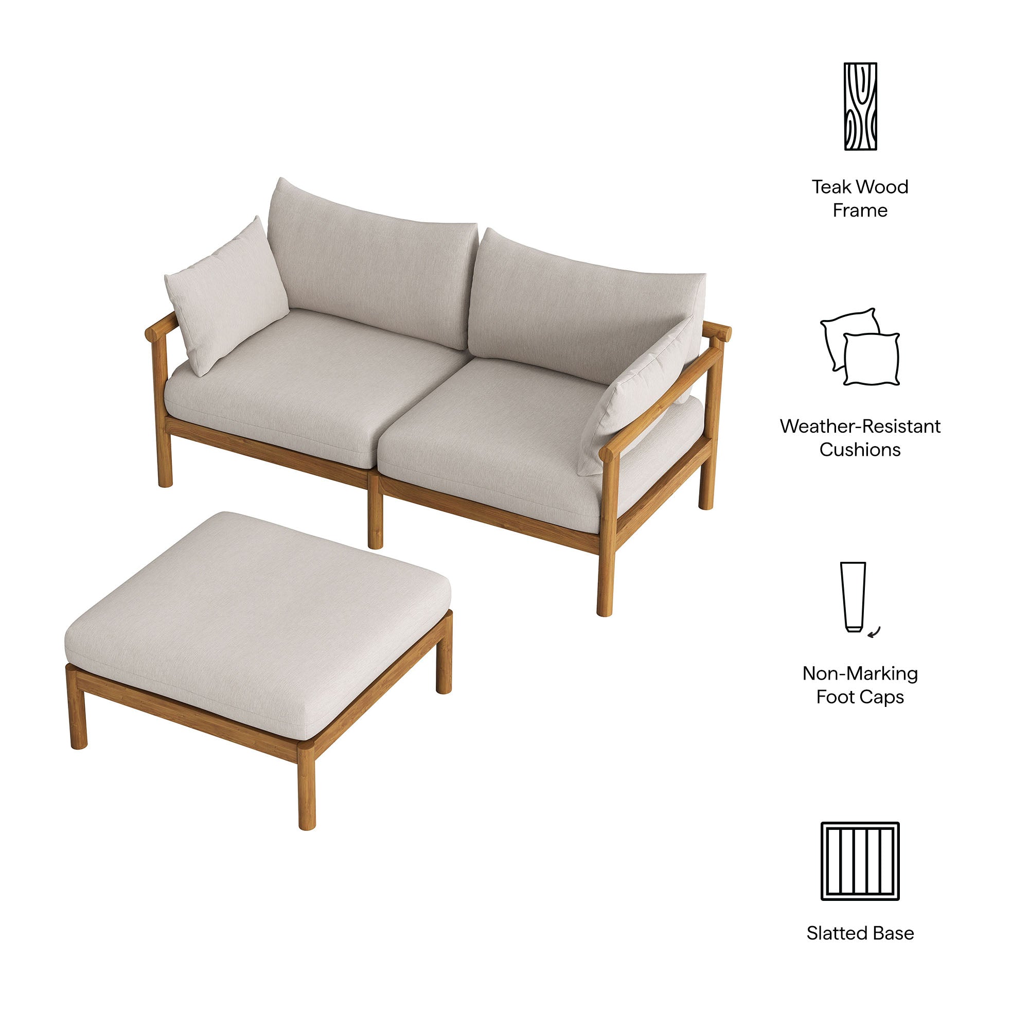 Modway Eleni 2-Piece Outdoor Patio Teak Wood Loveseat with Ottoman Set EEI-7662