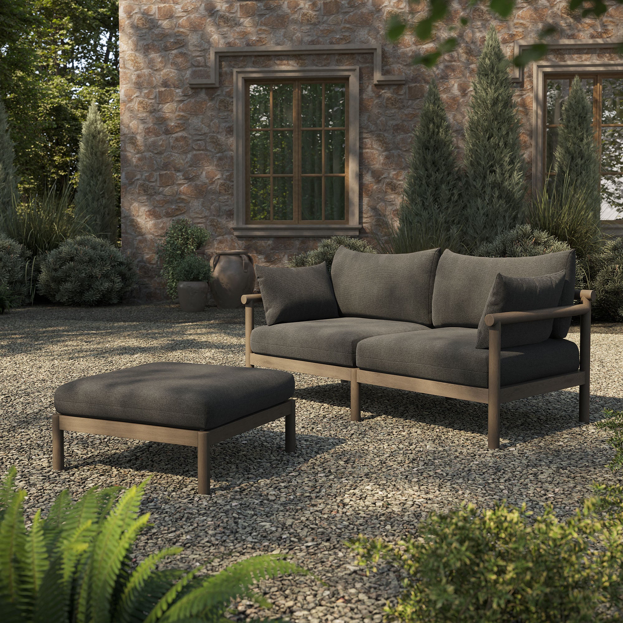Modway Eleni 2-Piece Outdoor Patio Teak Wood Loveseat with Ottoman Set EEI-7662