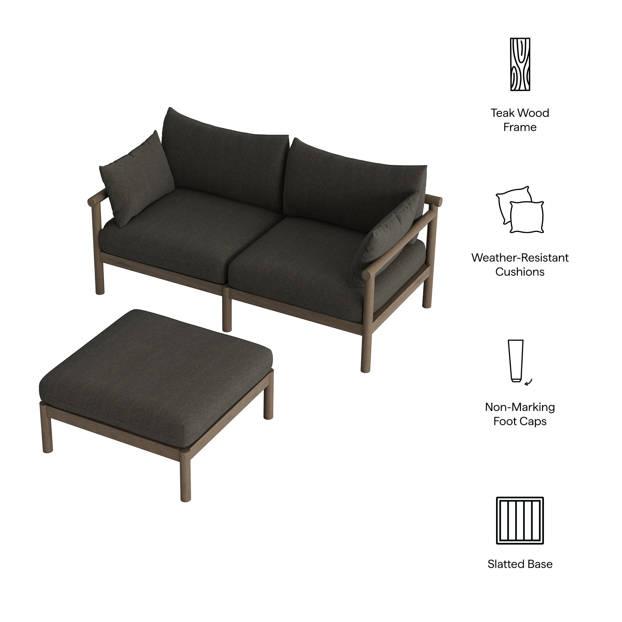 Modway Eleni 2-Piece Outdoor Patio Teak Wood Loveseat with Ottoman Set EEI-7662
