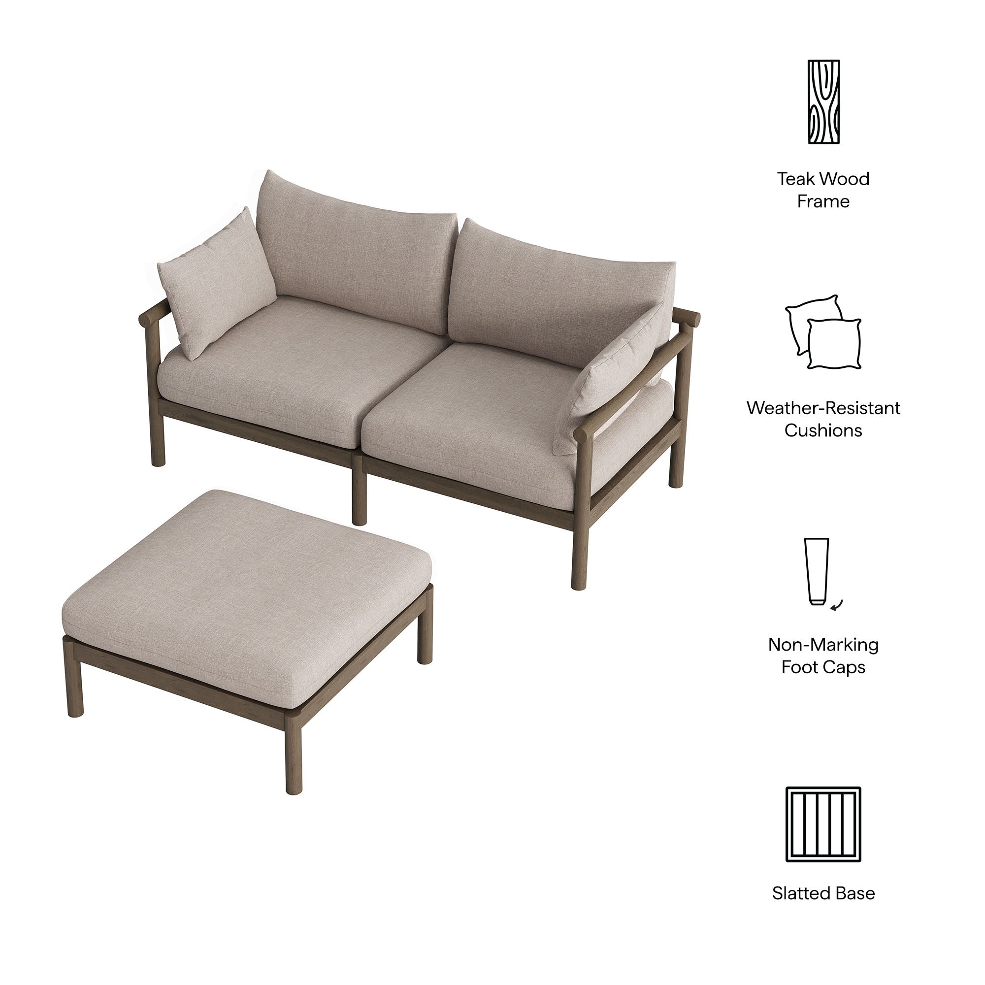 Modway Eleni 2-Piece Outdoor Patio Teak Wood Loveseat with Ottoman Set EEI-7662