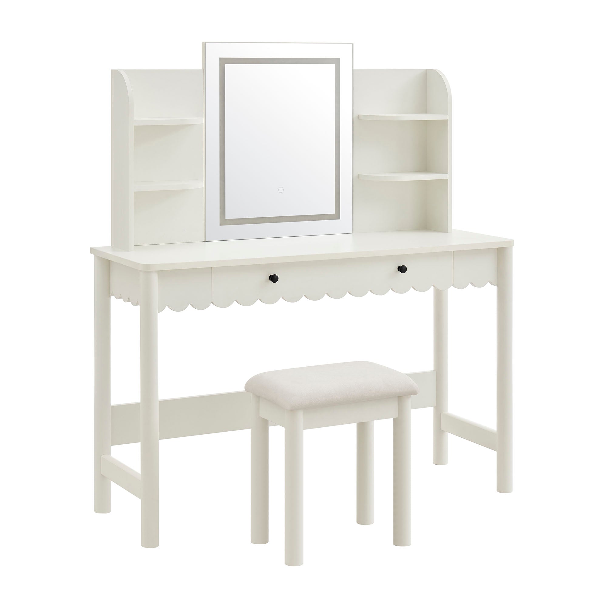 Modway EEI-7726 Emmeline Scalloped Makeup Vanity Desk With LED Mirror and Stool