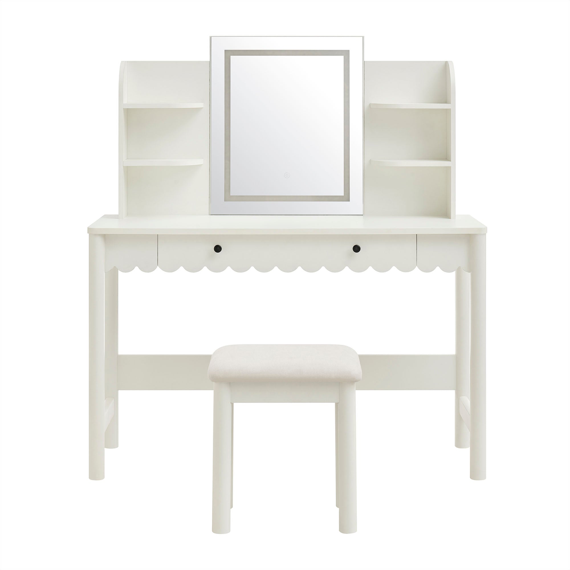Modway EEI-7726 Emmeline Scalloped Makeup Vanity Desk With LED Mirror and Stool