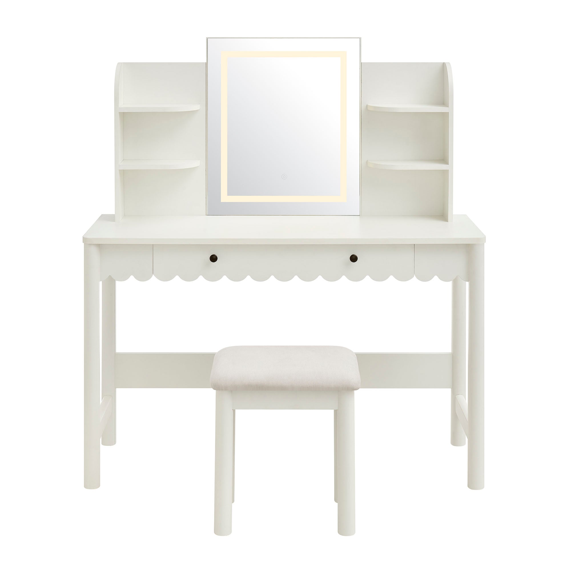 Modway EEI-7726 Emmeline Scalloped Makeup Vanity Desk With LED Mirror and Stool
