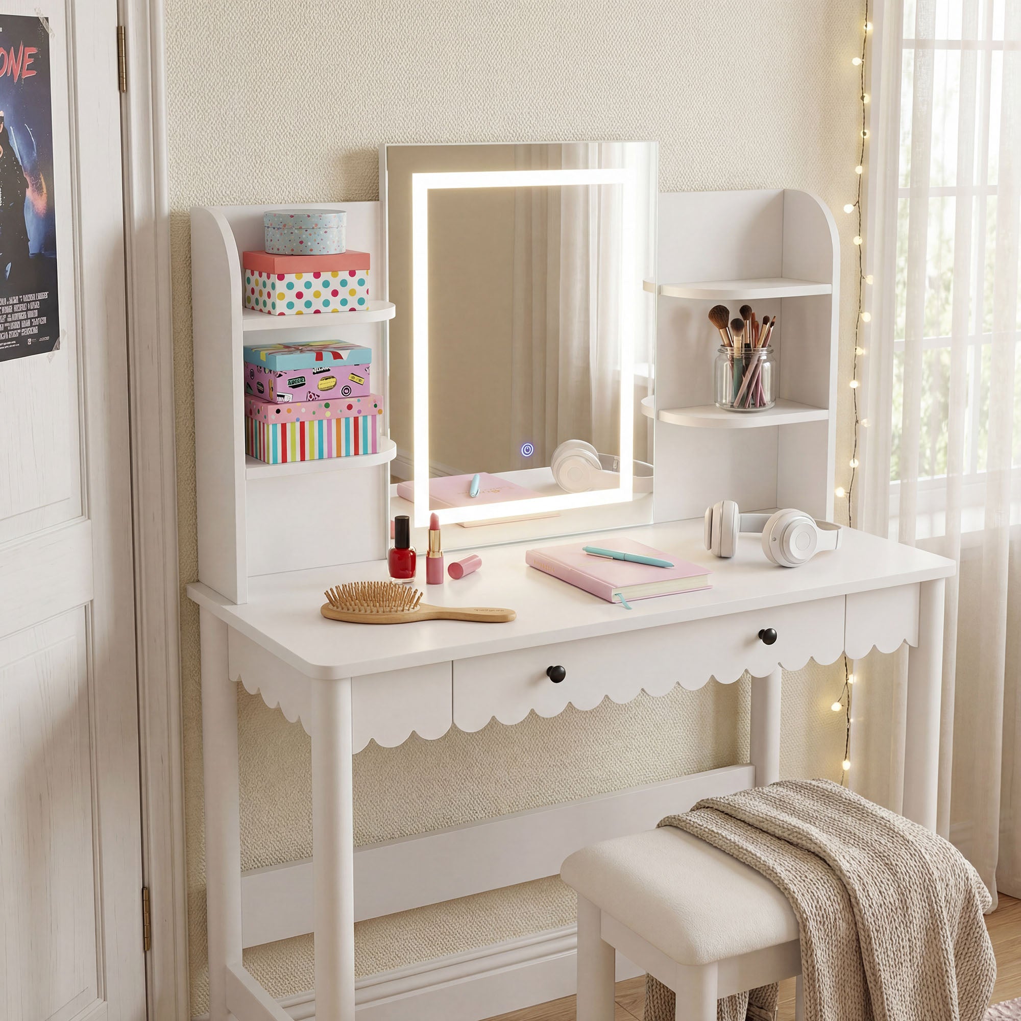 Modway EEI-7726 Emmeline Scalloped Makeup Vanity Desk With LED Mirror and Stool