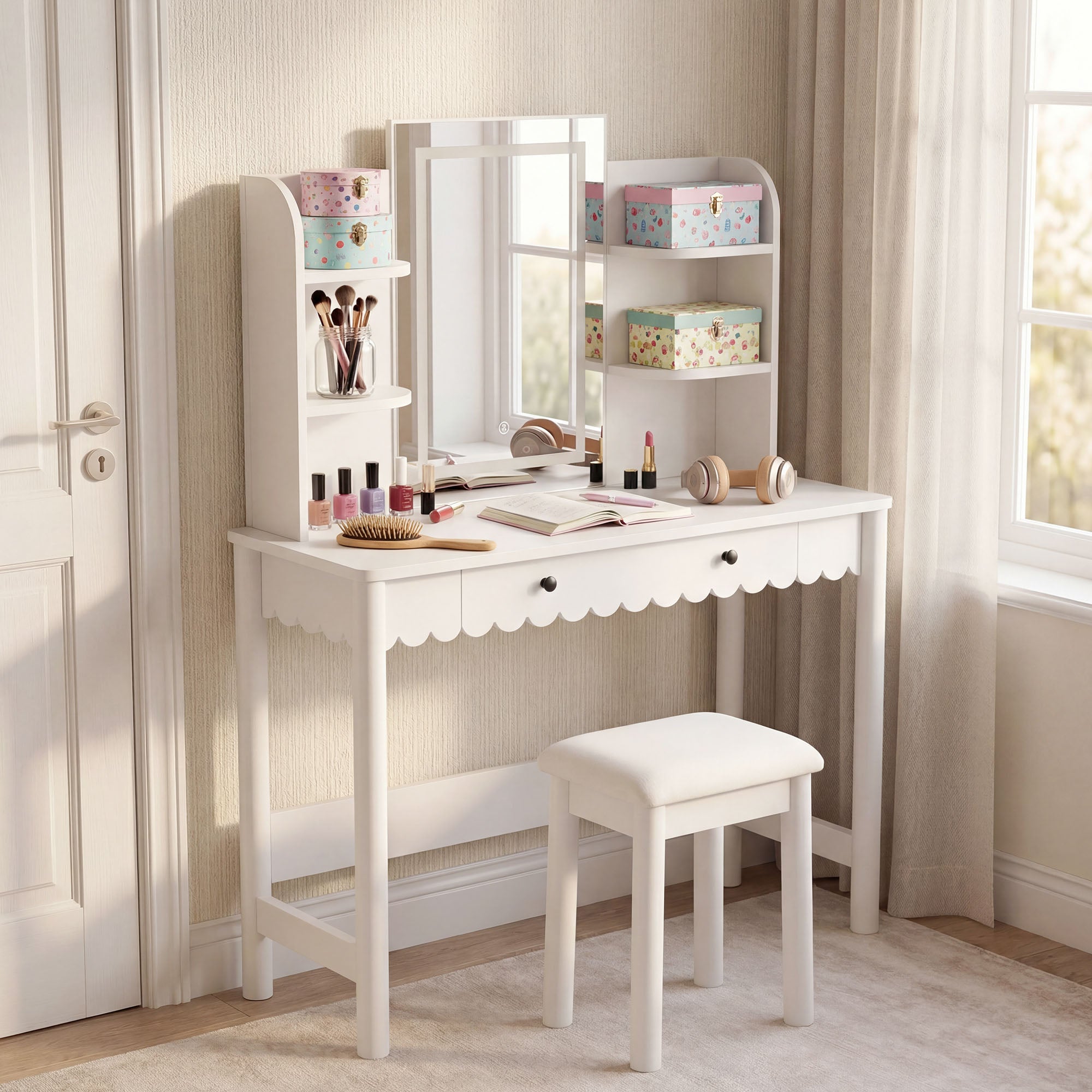 Modway EEI-7726 Emmeline Scalloped Makeup Vanity Desk With LED Mirror and Stool