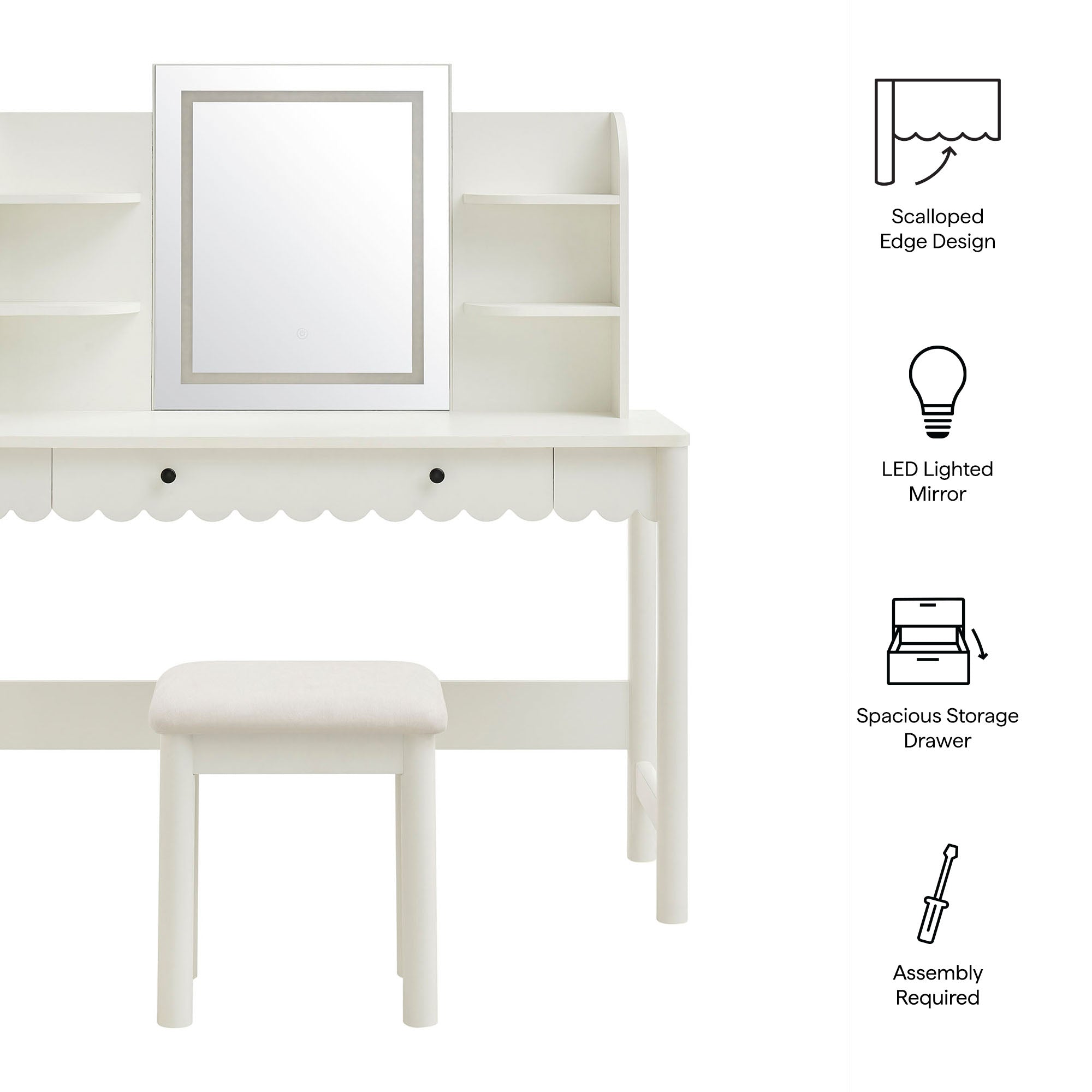 Modway EEI-7726 Emmeline Scalloped Makeup Vanity Desk With LED Mirror and Stool