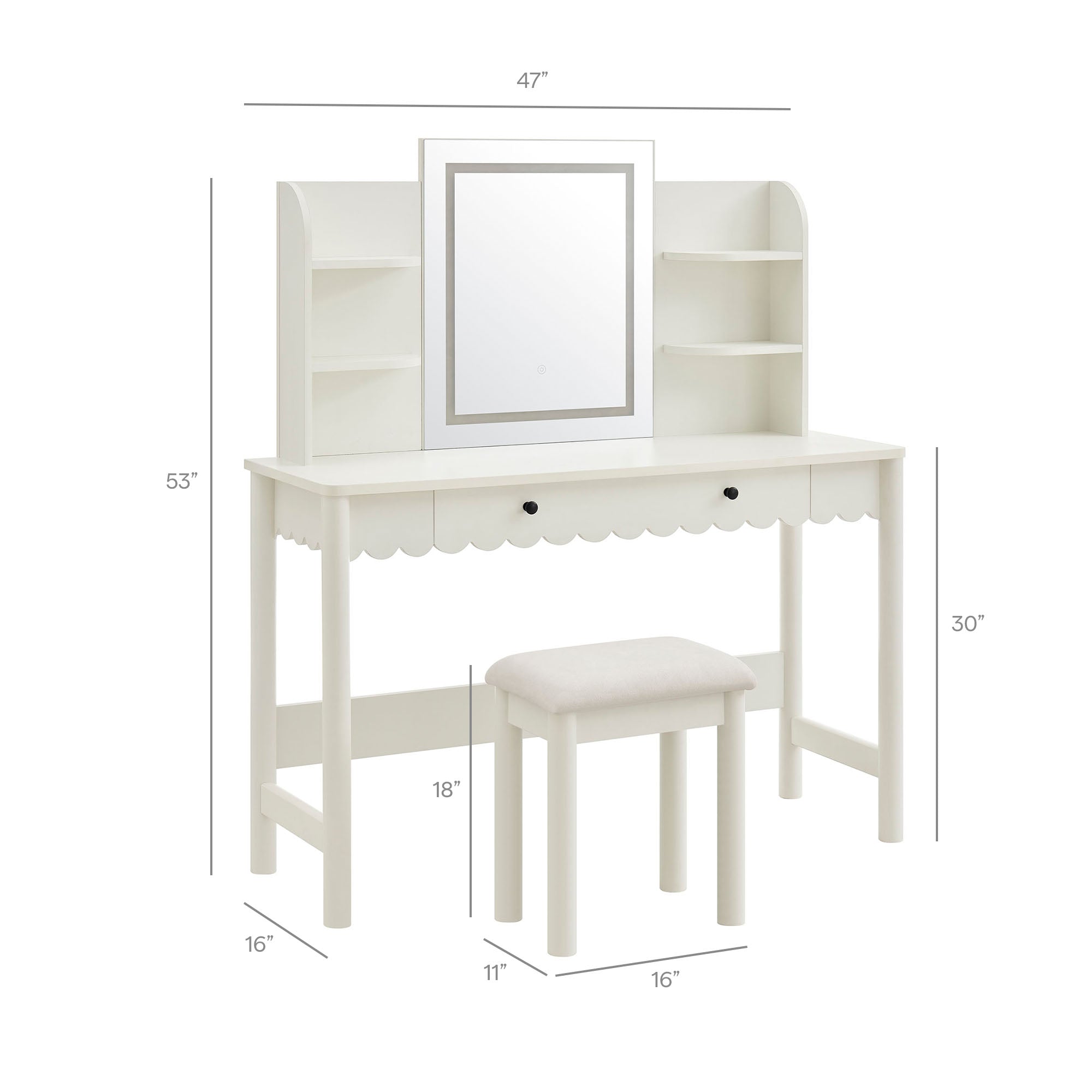 Modway EEI-7726 Emmeline Scalloped Makeup Vanity Desk With LED Mirror and Stool