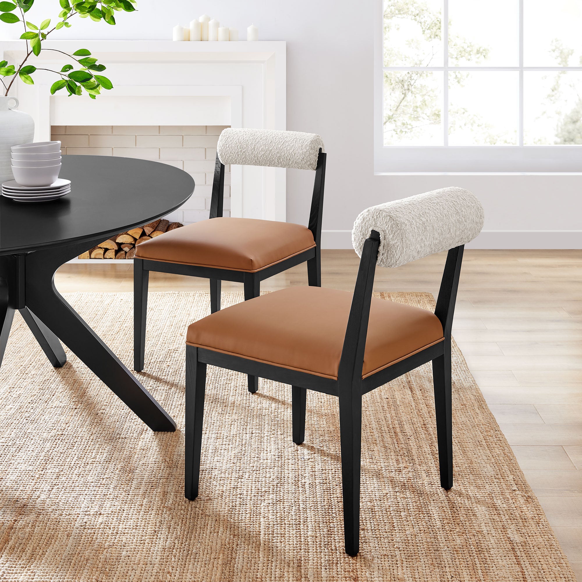 Modway EEI-7796 Kai Boucle and Vegan Leather Dining Chair Set of 2