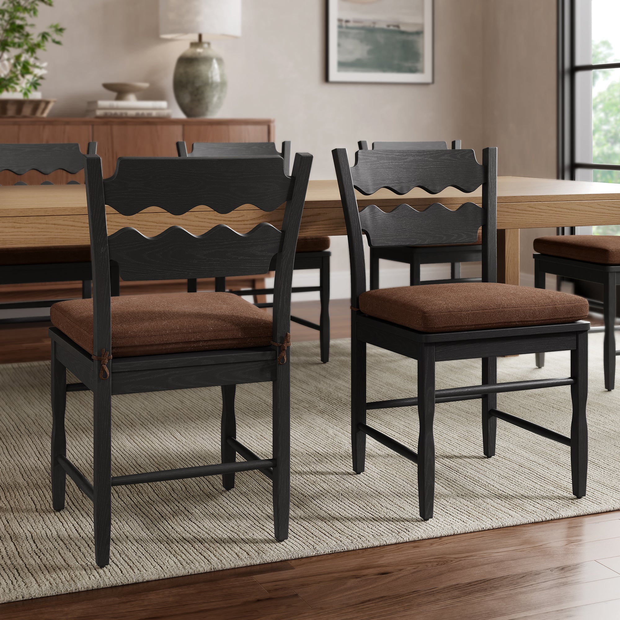Modway EEI-7798 Jax Oak Wood Dining Chair With Wavy Razor Back and Cushion Set of 2