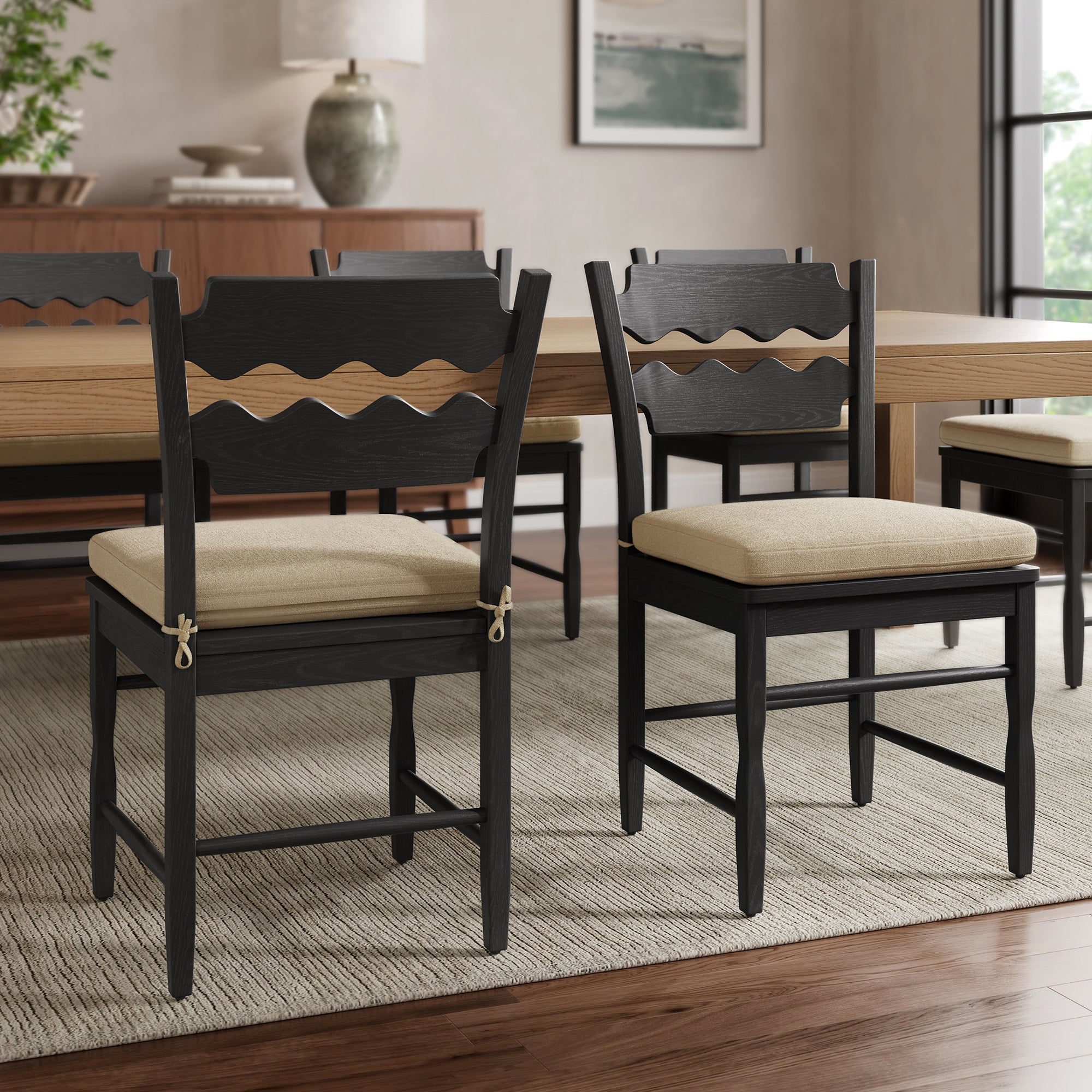 Modway EEI-7798 Jax Oak Wood Dining Chair With Wavy Razor Back and Cushion Set of 2