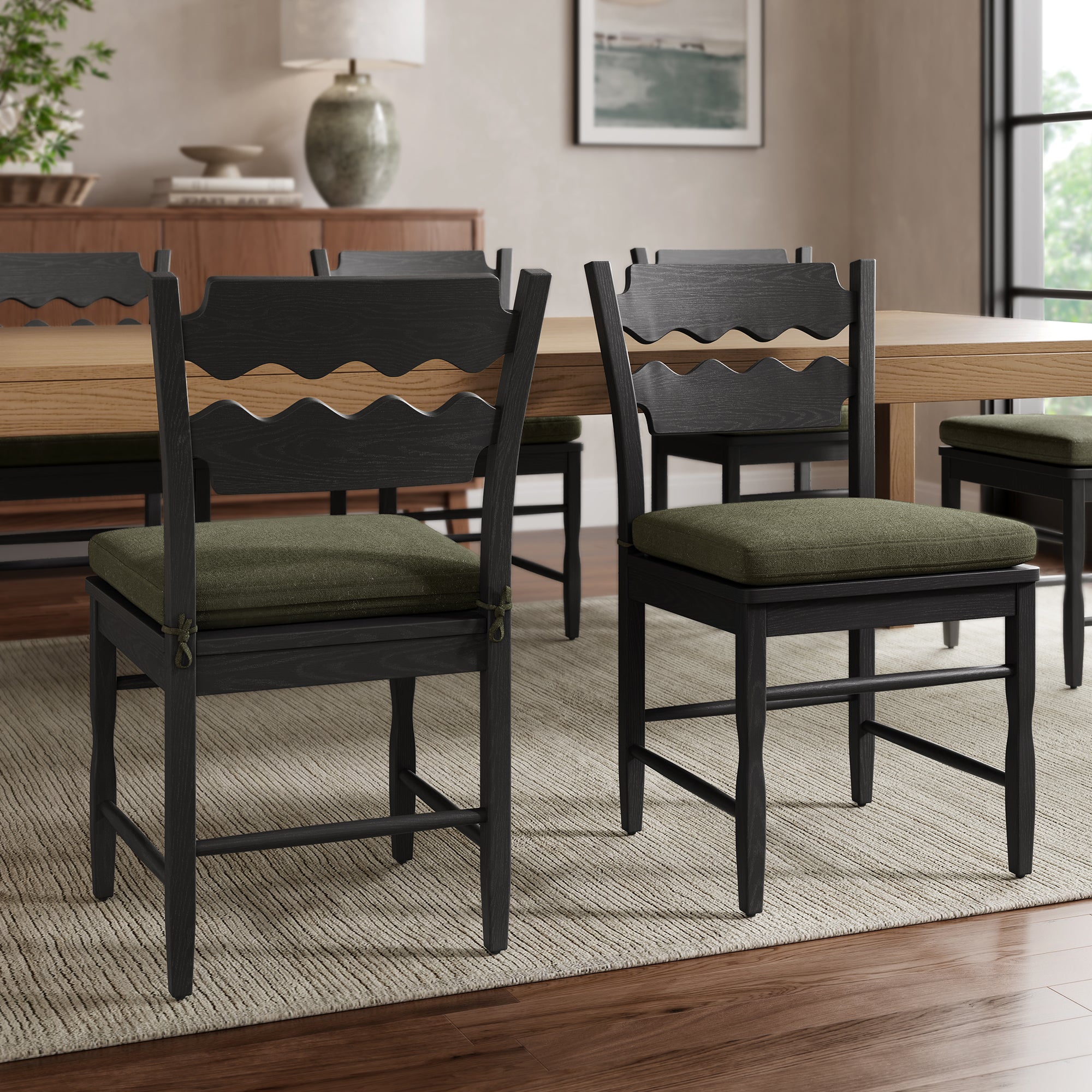 Modway EEI-7798 Jax Oak Wood Dining Chair With Wavy Razor Back and Cushion Set of 2