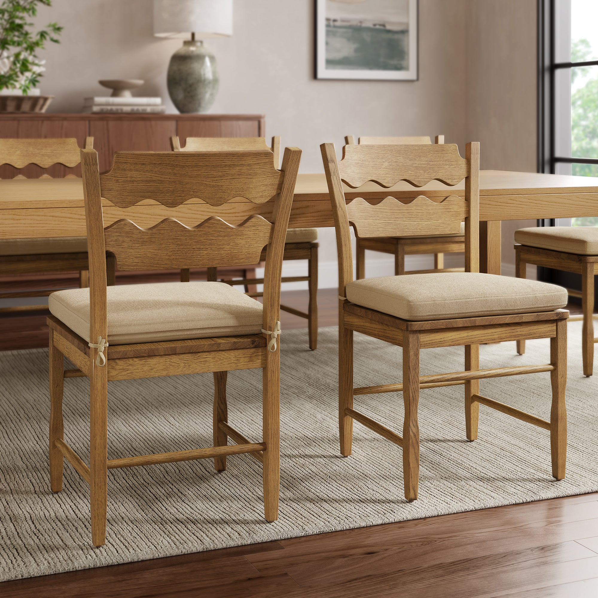 Modway EEI-7798 Jax Oak Wood Dining Chair With Wavy Razor Back and Cushion Set of 2