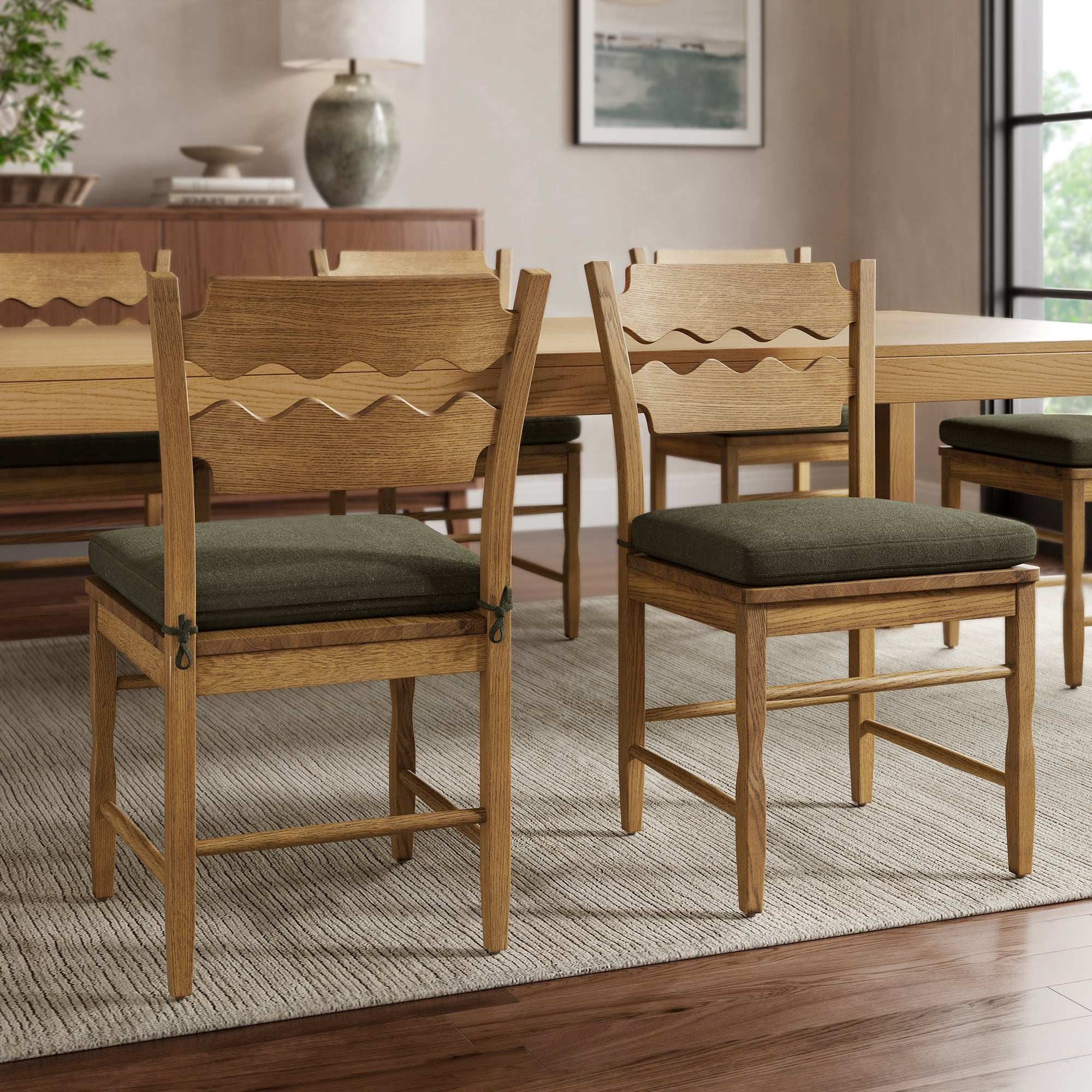Modway EEI-7798 Jax Oak Wood Dining Chair With Wavy Razor Back and Cushion Set of 2