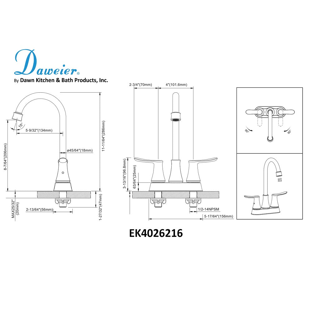 Daweier 4" Centerset Bar Faucet with Lever Handles EK4026216BN