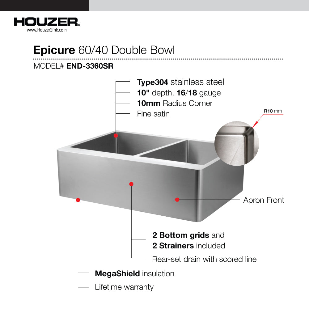 Houzer Epicure 33" Apron Front 60/40 Double Bowl Kitchen Sink, Small Right Bowl with Strainer & Grids