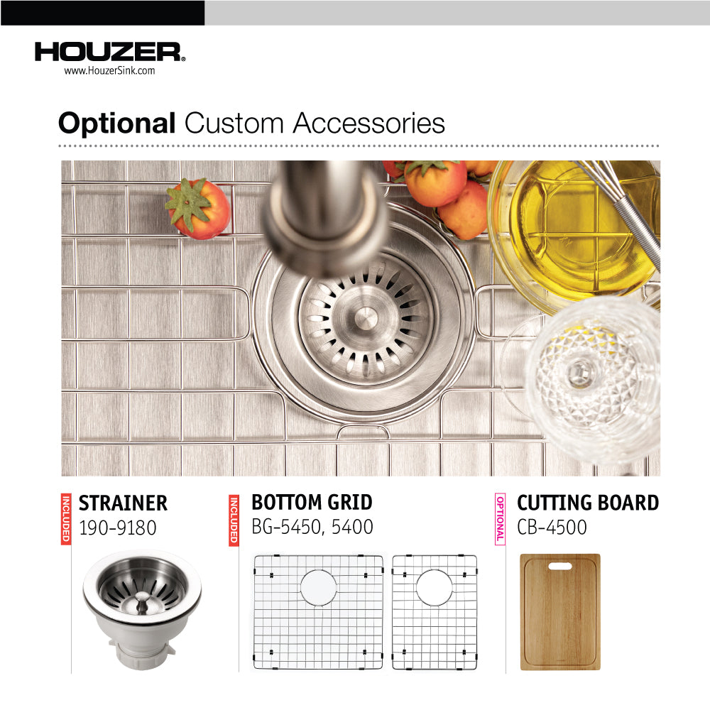 Houzer Epicure 33" Apron Front 60/40 Double Bowl Kitchen Sink, Small Right Bowl with Strainer & Grids