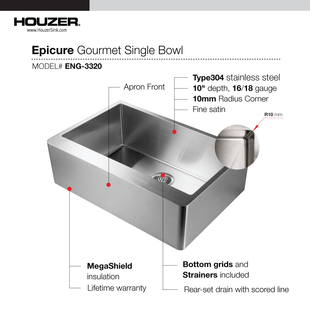 Houzer Epicure 33" Stainless Steel Apron Front Single Bowl Kitchen Sink with Strainer & Grid
