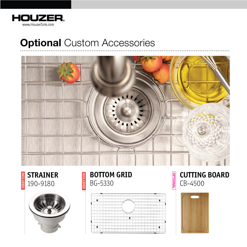 Houzer Epicure 33" Stainless Steel Apron Front Single Bowl Kitchen Sink with Strainer & Grid